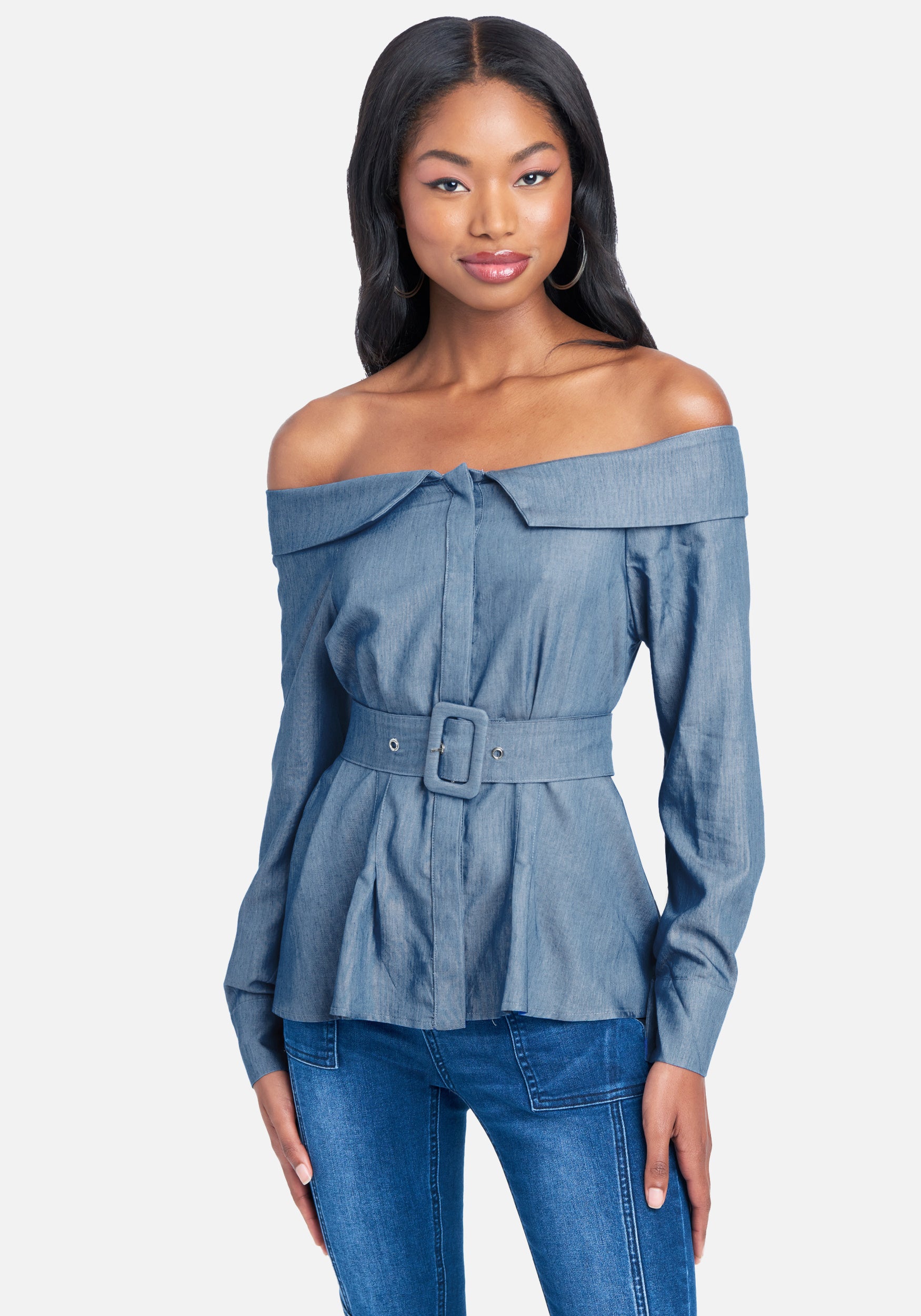 Belted Off The Shoulder Chambray Top