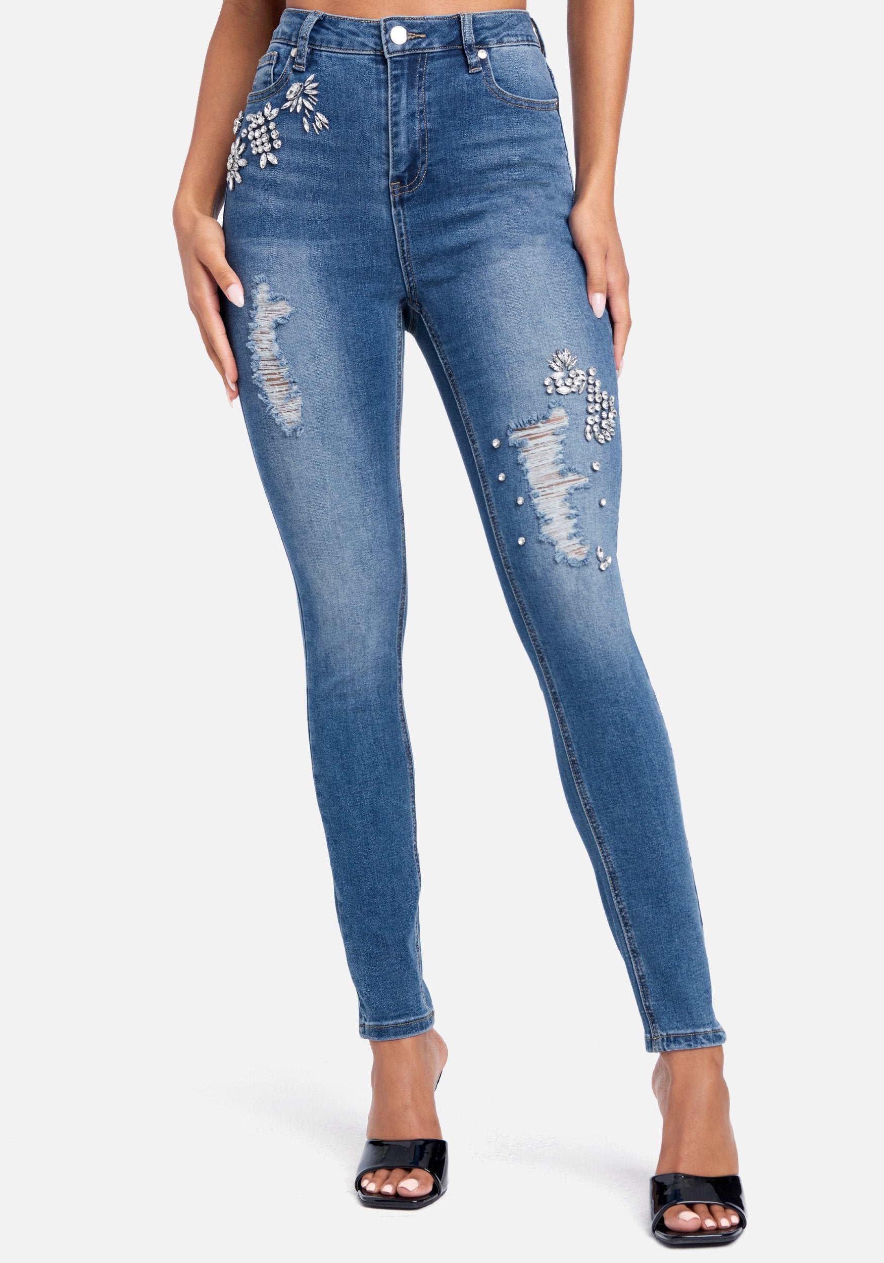 Rhinestone Detail High Waist Skinny Leg Jeans