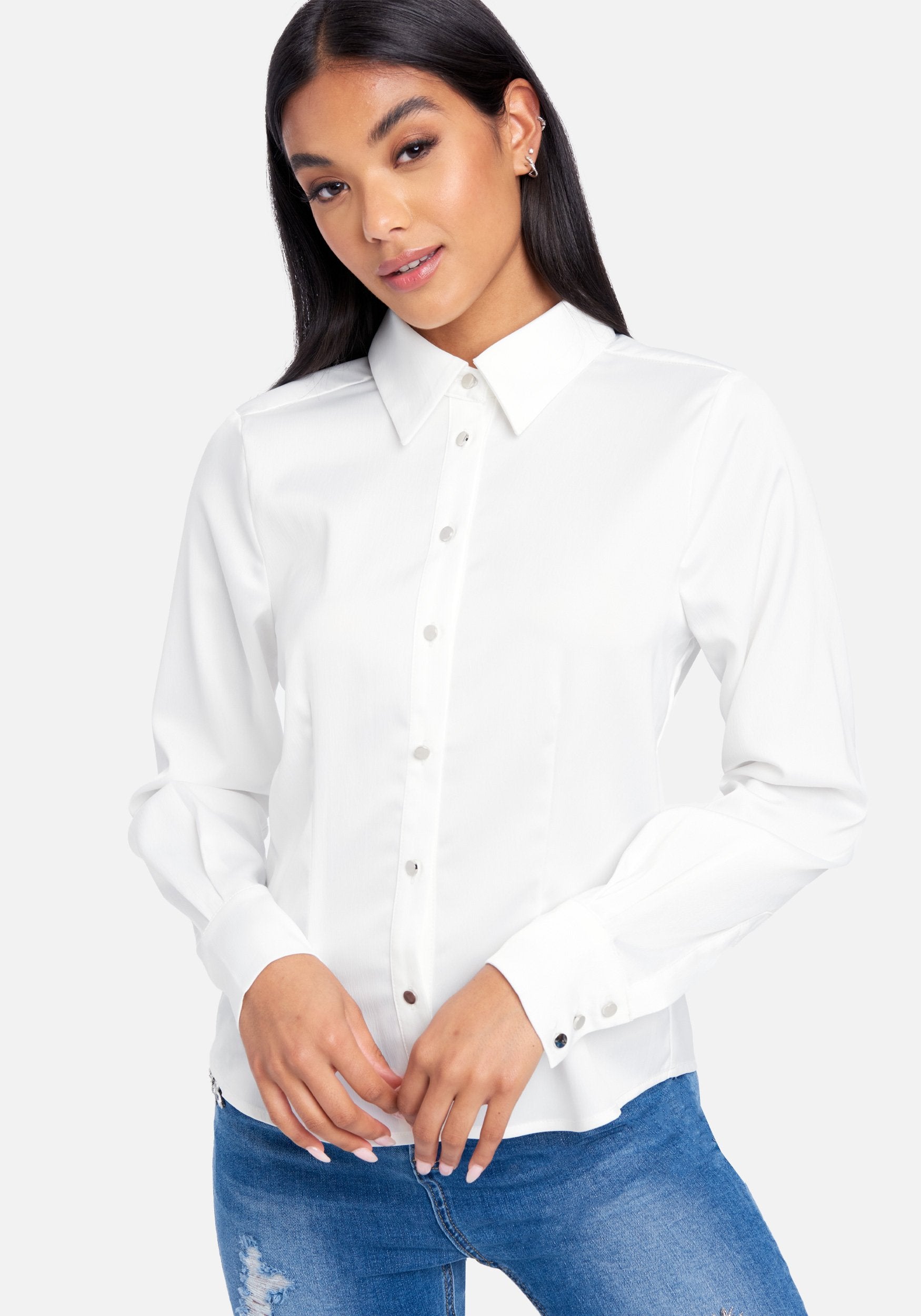 Hammered Satin Long Sleeve Button Down Blouse