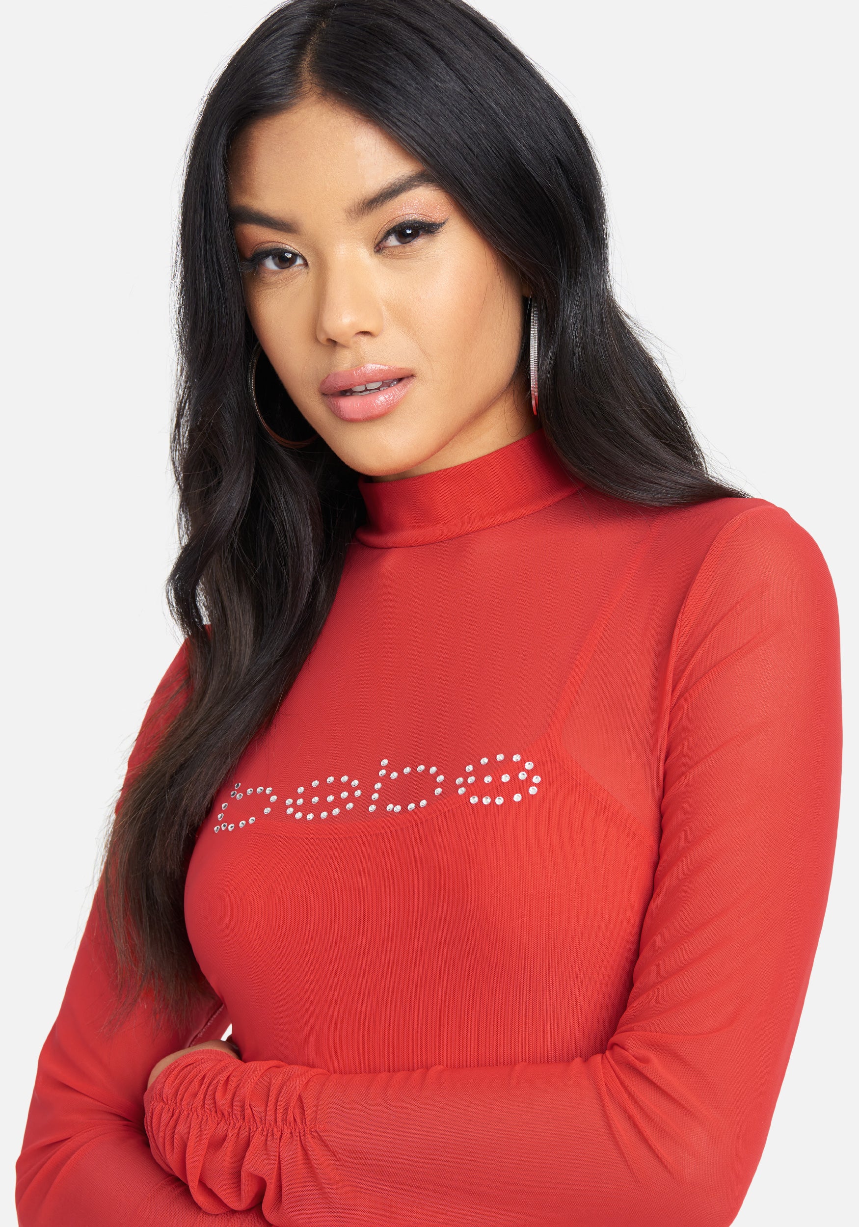 Mesh Mock Neck Logo Dress