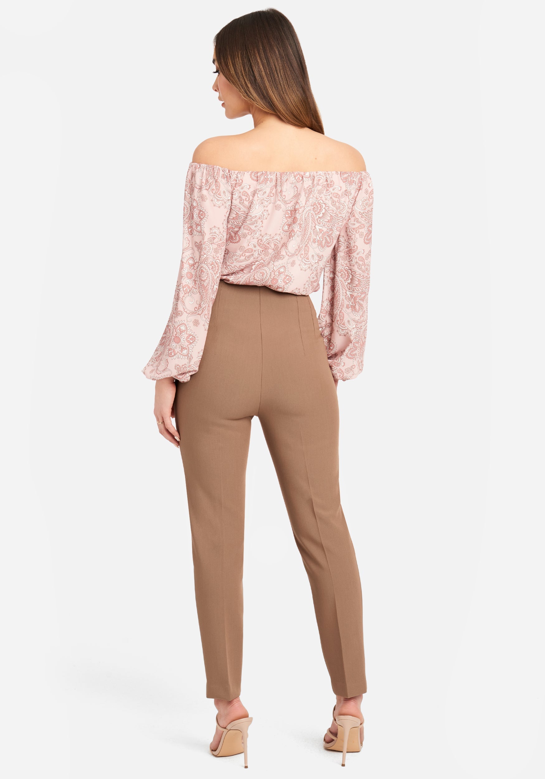 High Waist Multi Dart Woven Twill Slim Leg Pant