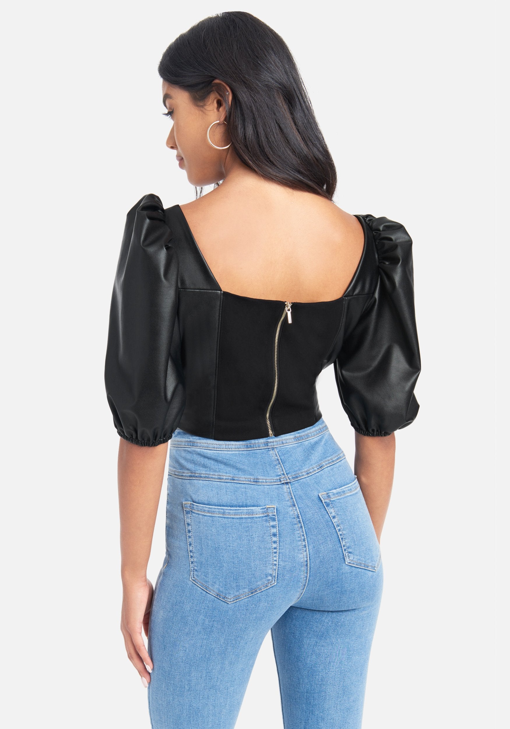 Puff Sleeve Vegan Leather Crop Top