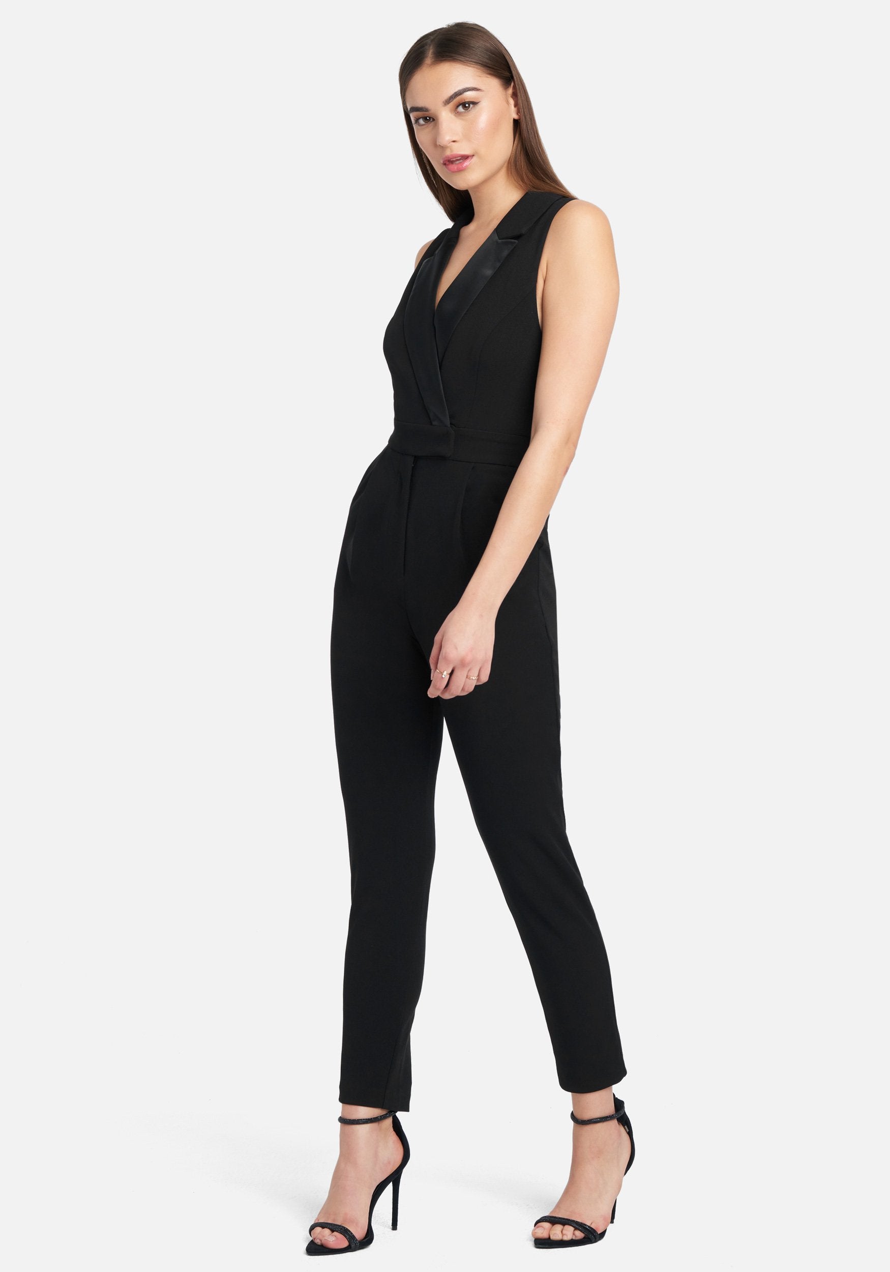 Tuxedo Satin Collar Knit Crepe Jumpsuit
