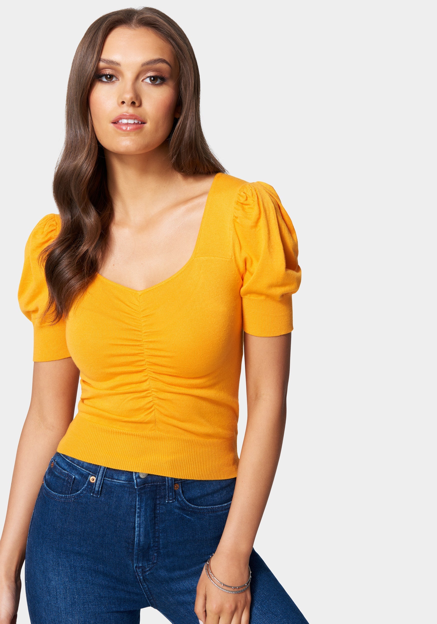 Puff Sleeve Ruched Sweater Top