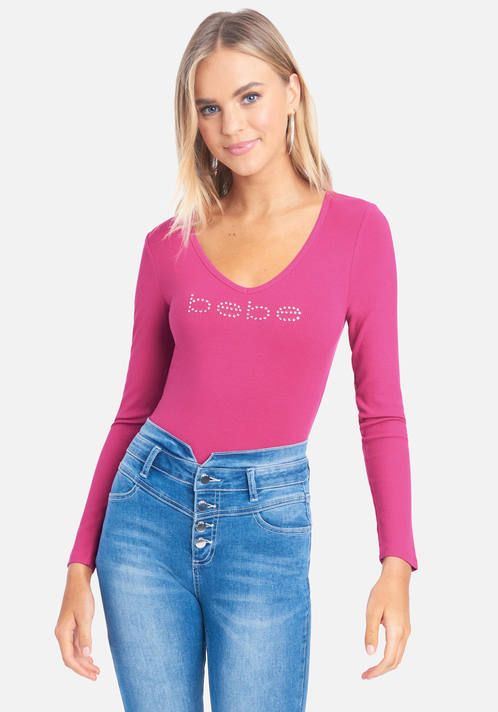 Crystal Logo V-Neck Long Sleeve Tee