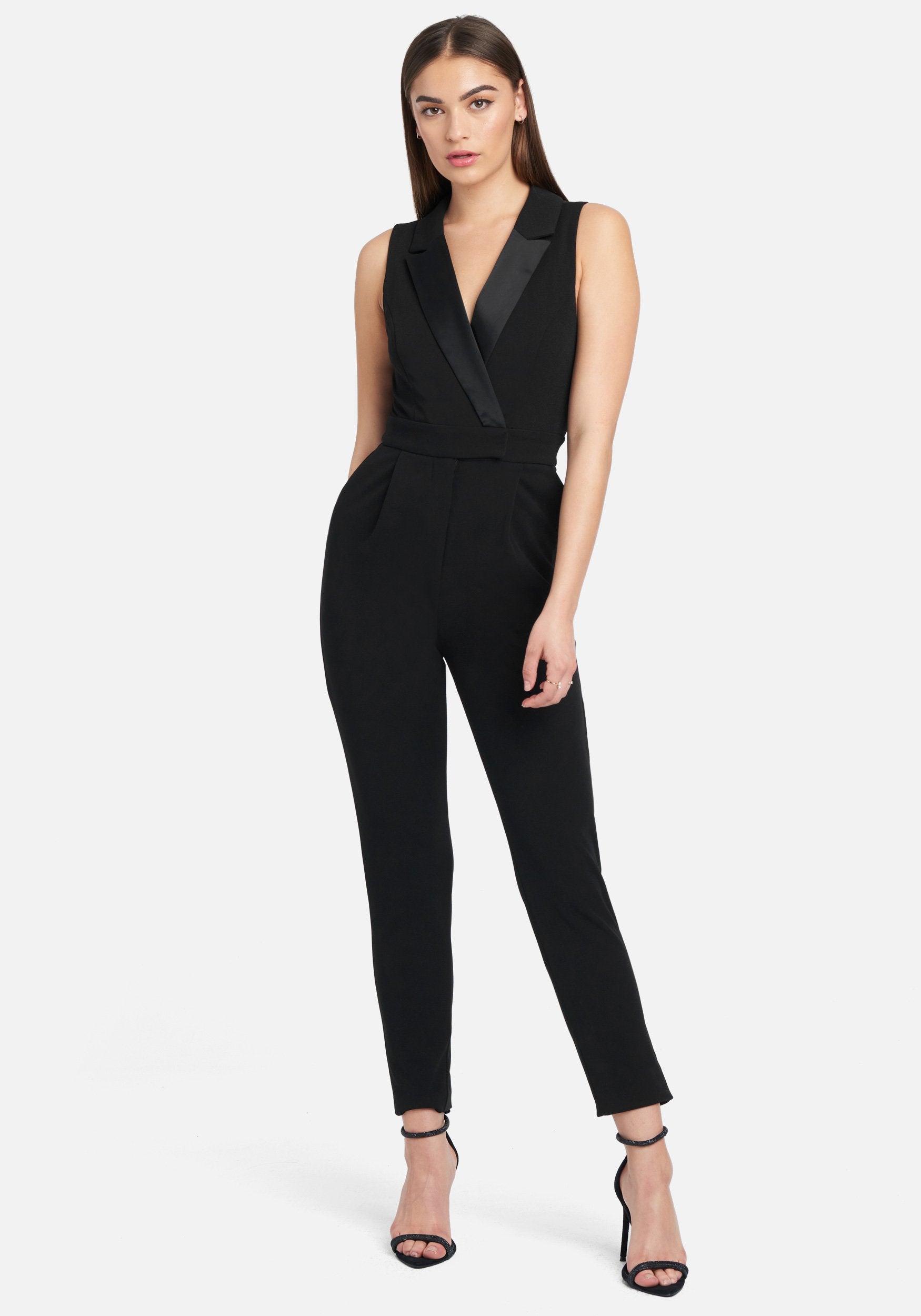 Tuxedo Satin Collar Knit Crepe Jumpsuit