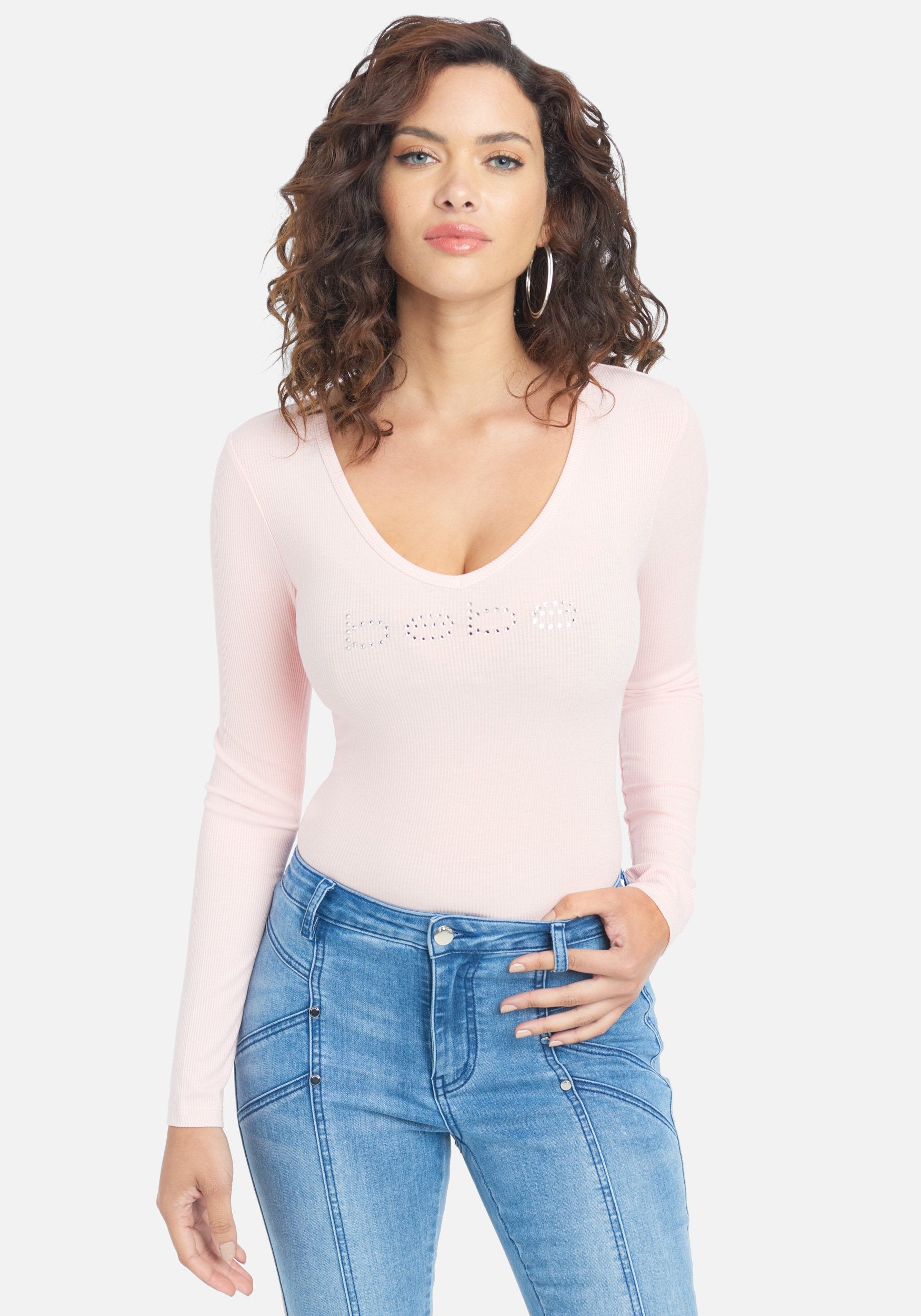 Crystal Logo V-Neck Long Sleeve Tee