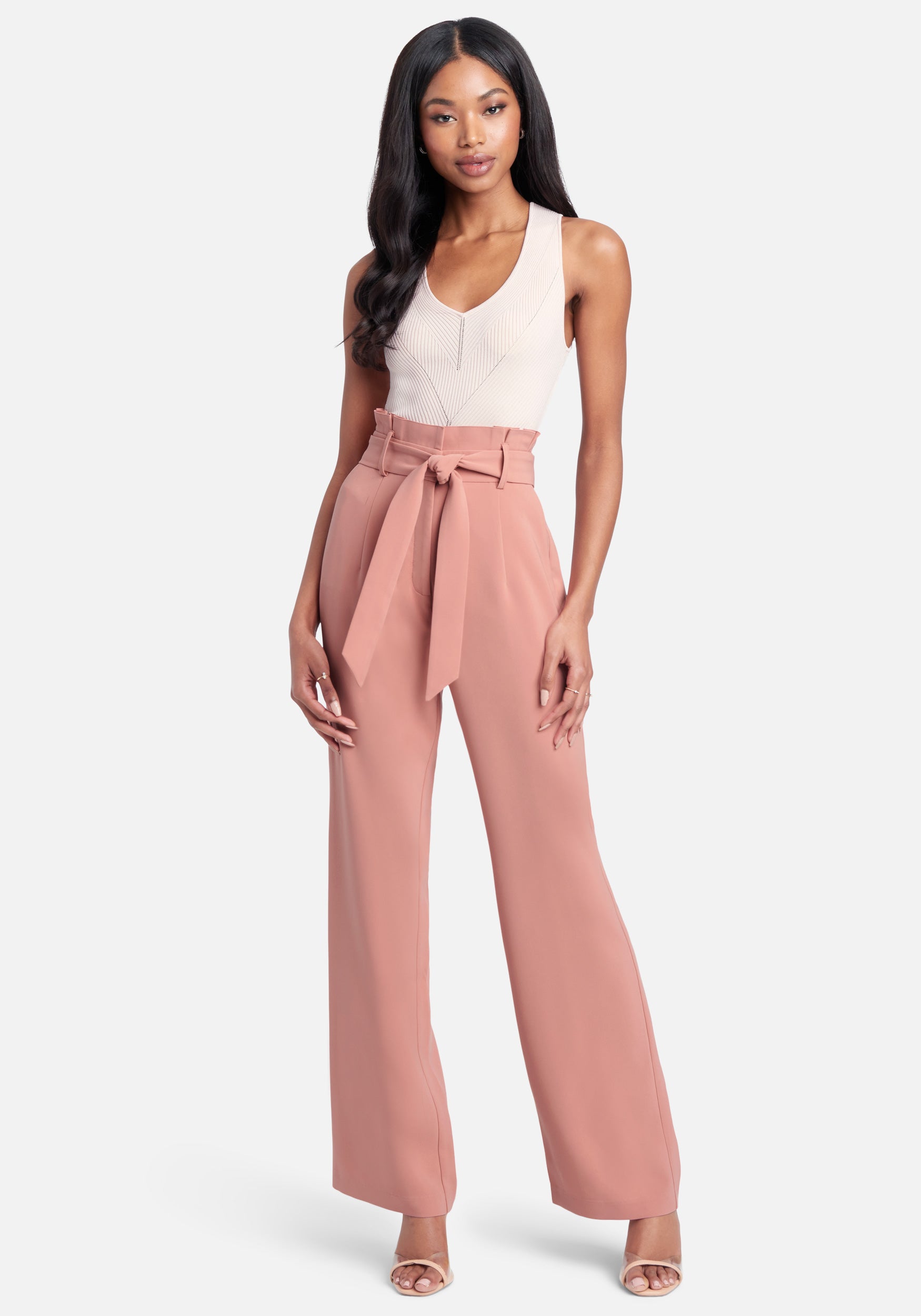 High Waist Paper Bag Self Tie Wide Leg Pant