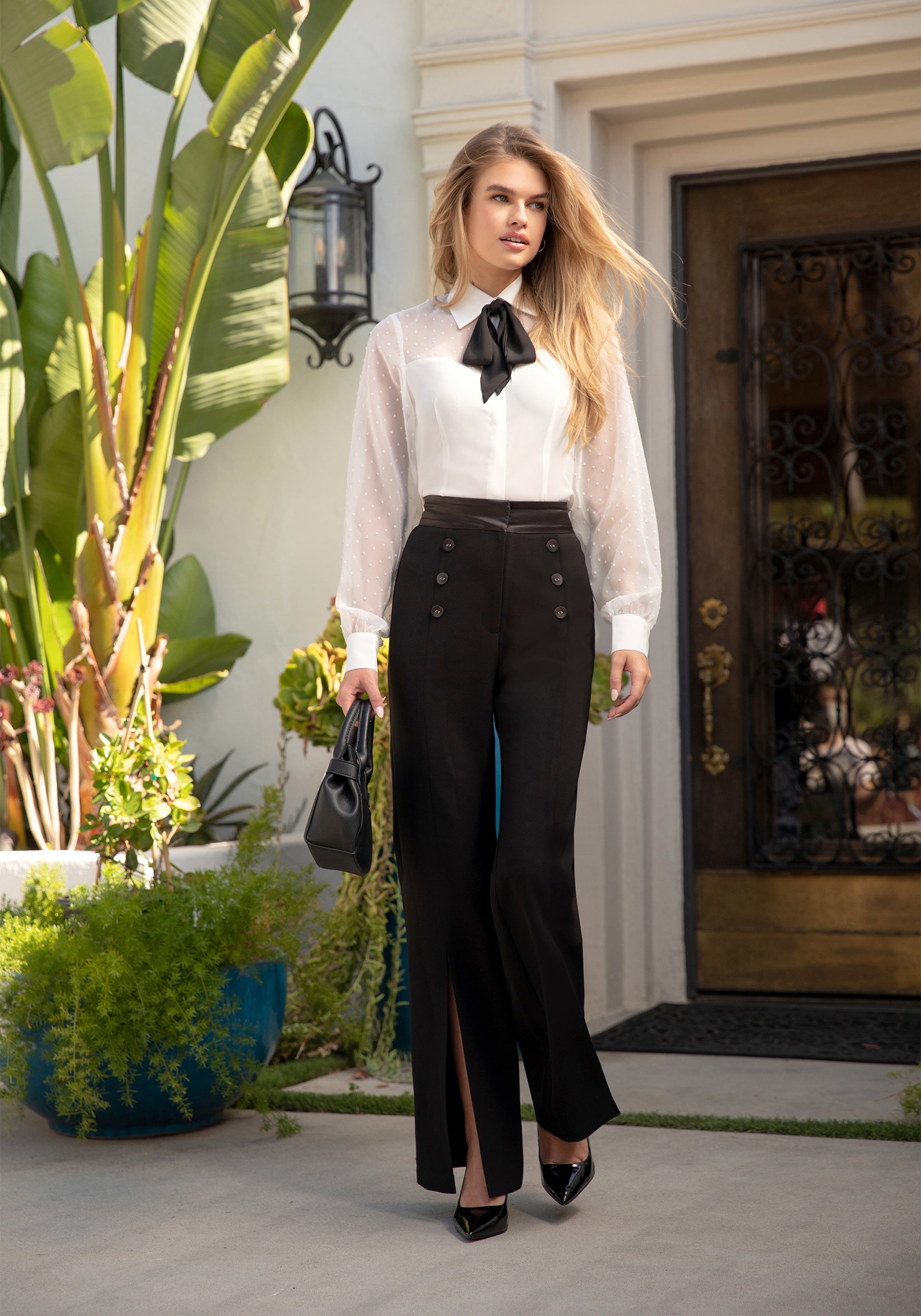 Twill Wide Leg Pant With Front Slit & Satin Waistband