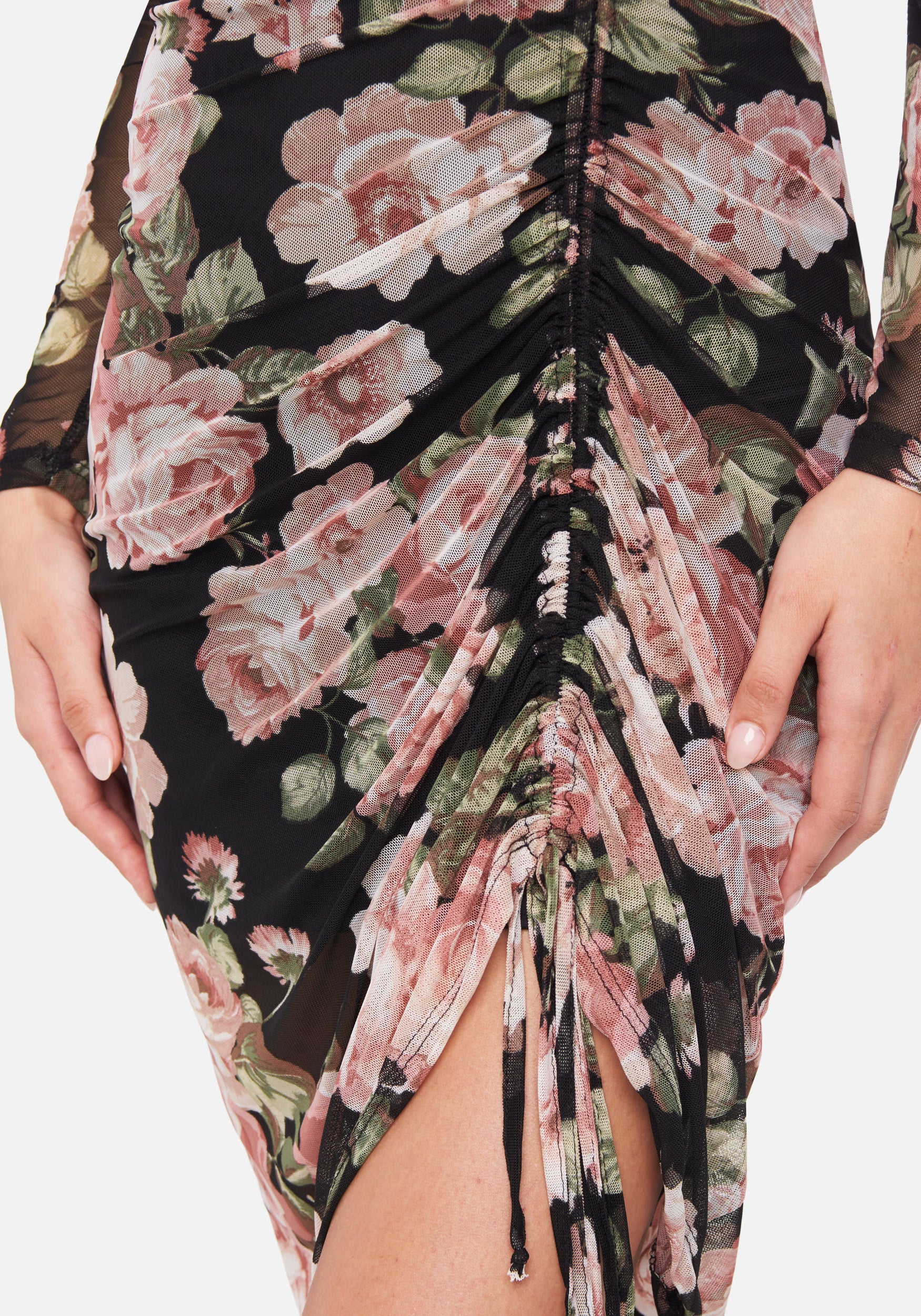 Long Sleeve Mesh Ruched Dress