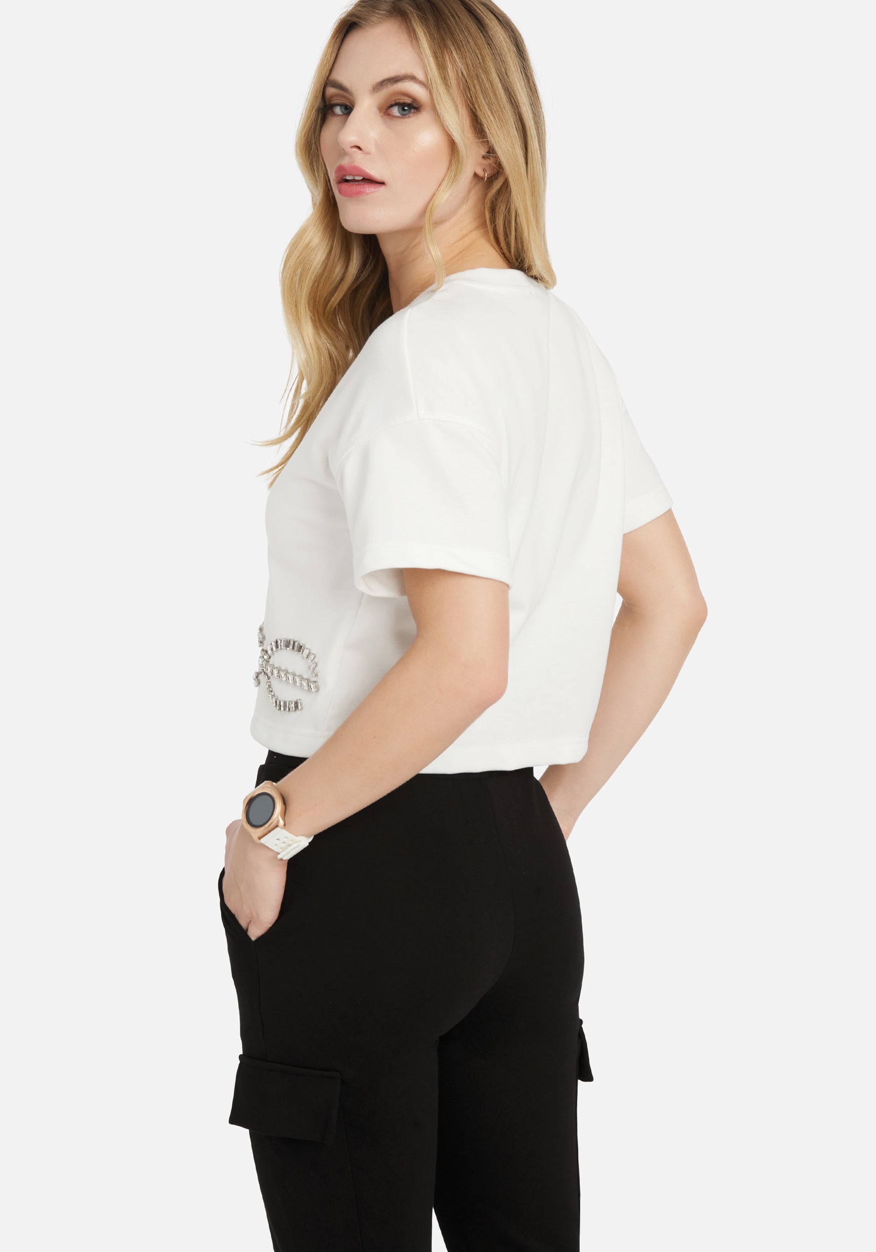 Bebe Rhinestone Logo French Terry Crop Top