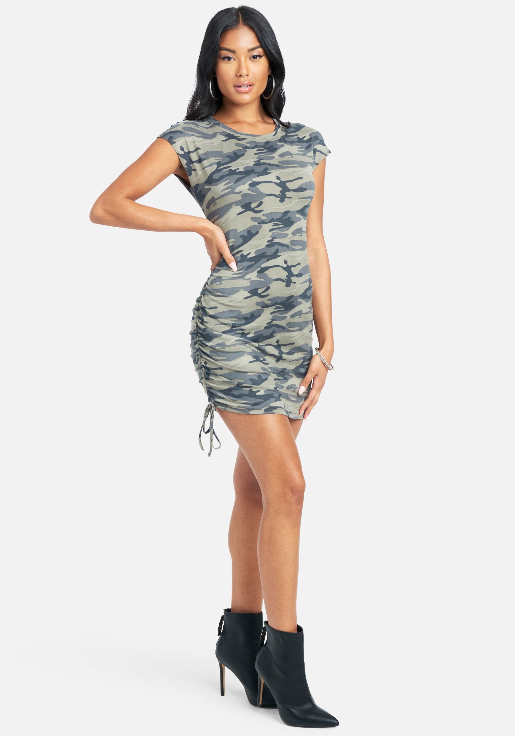 Cap Sleeve Side Ruched Camo Print Dress