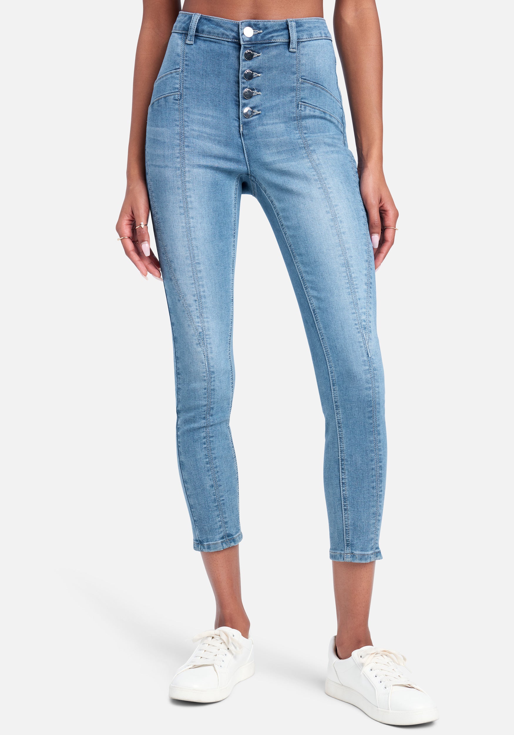 Stitch Detail Front Button Skinny Jeans