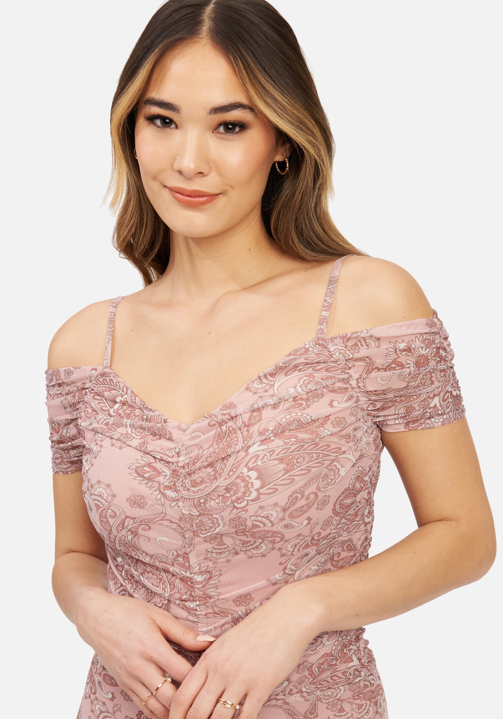 Ruched Cold Shoulder Printed Mesh Bodysuit