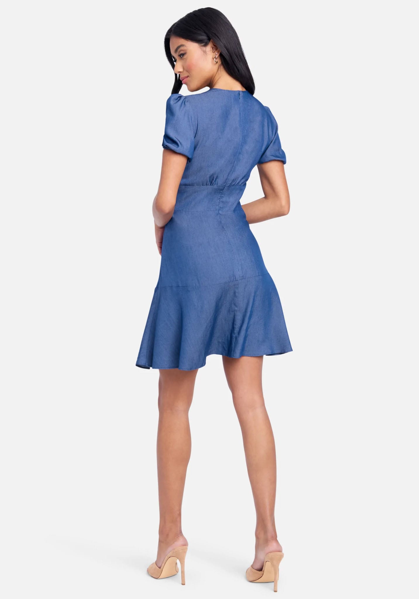 Puff Short Sleeve V-Neck Tencel Dress