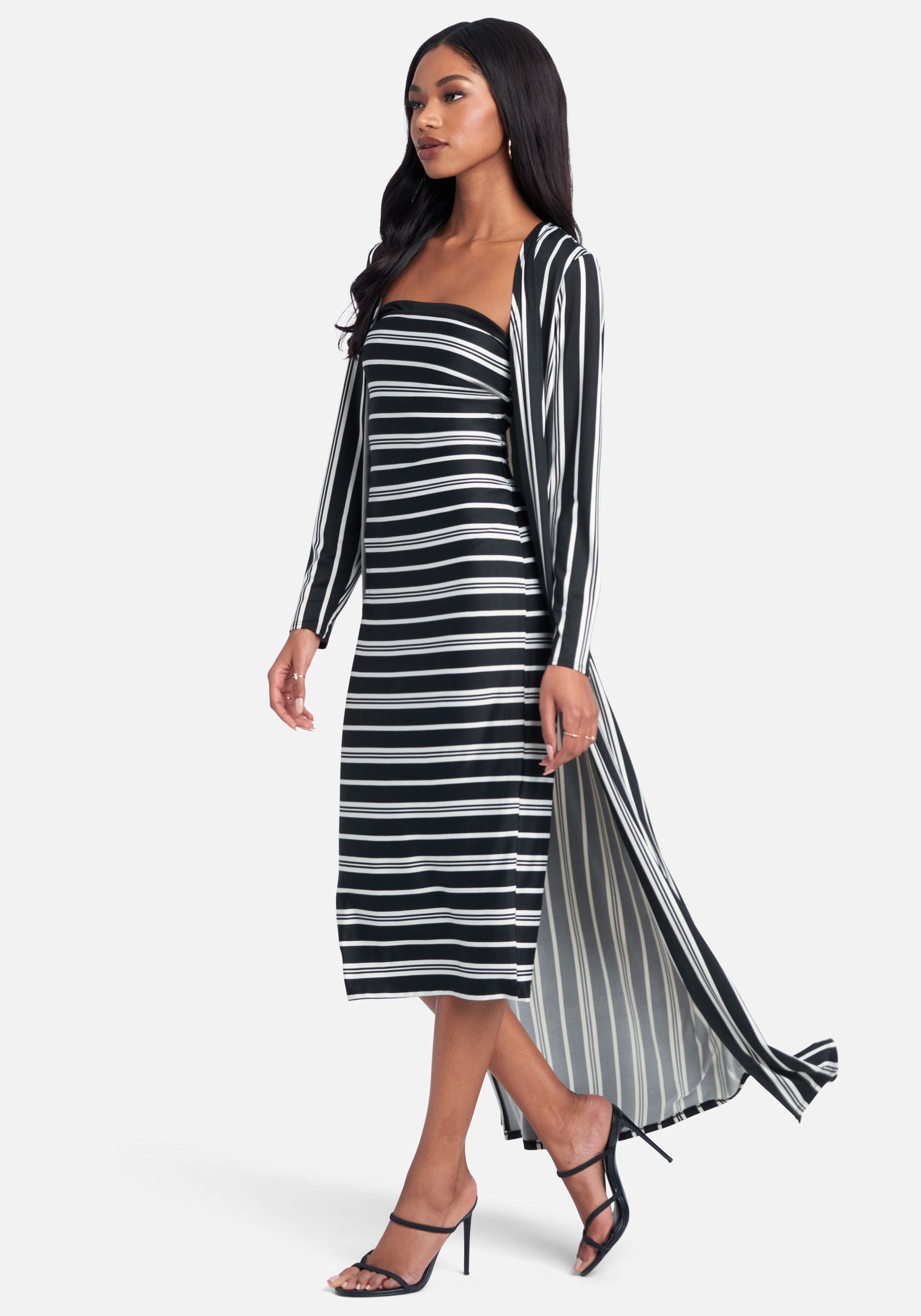 Striped 2-Piece Cardi And Midi Dress