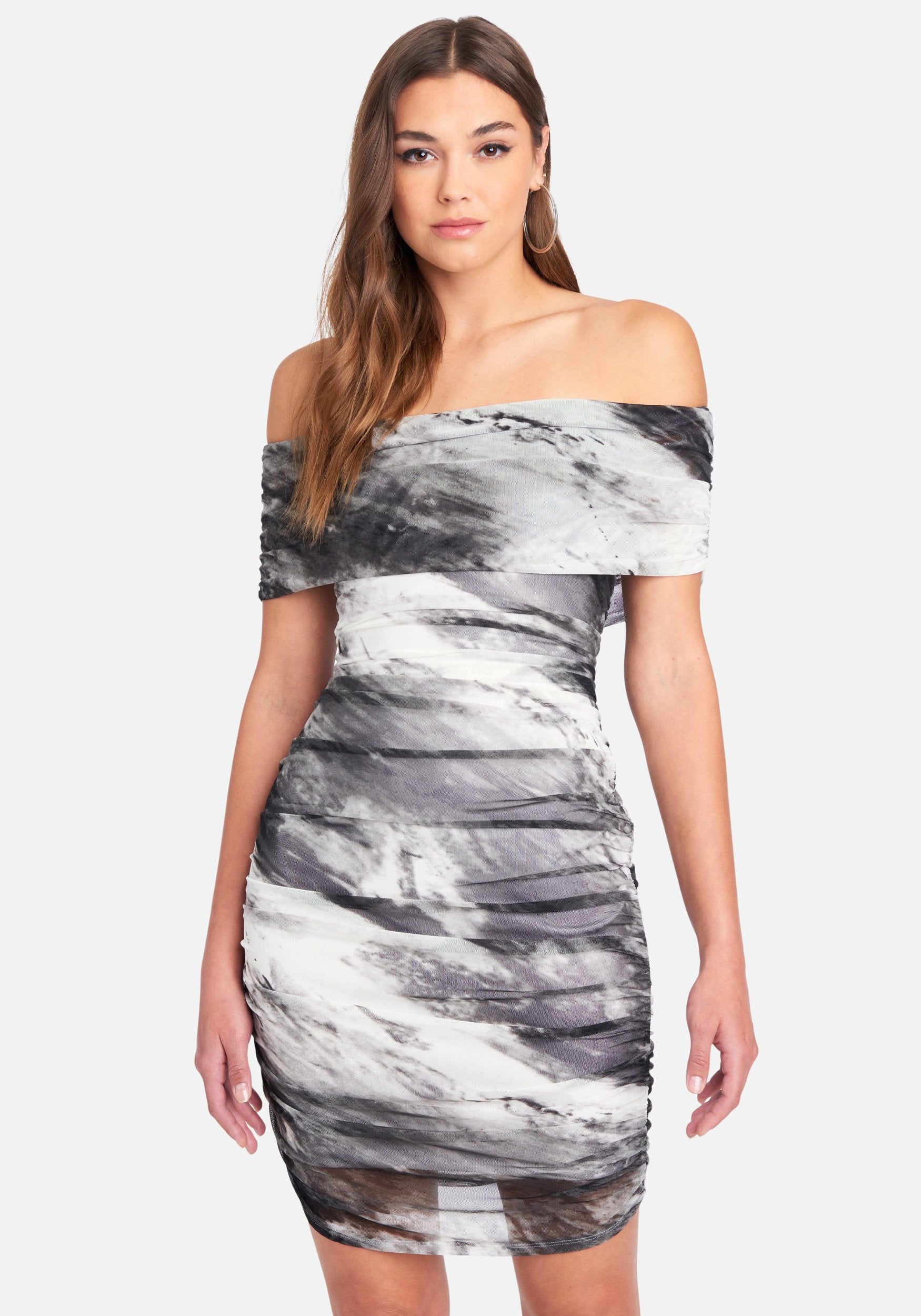 Off Shoulder Ruch Bodycon Mesh Marble