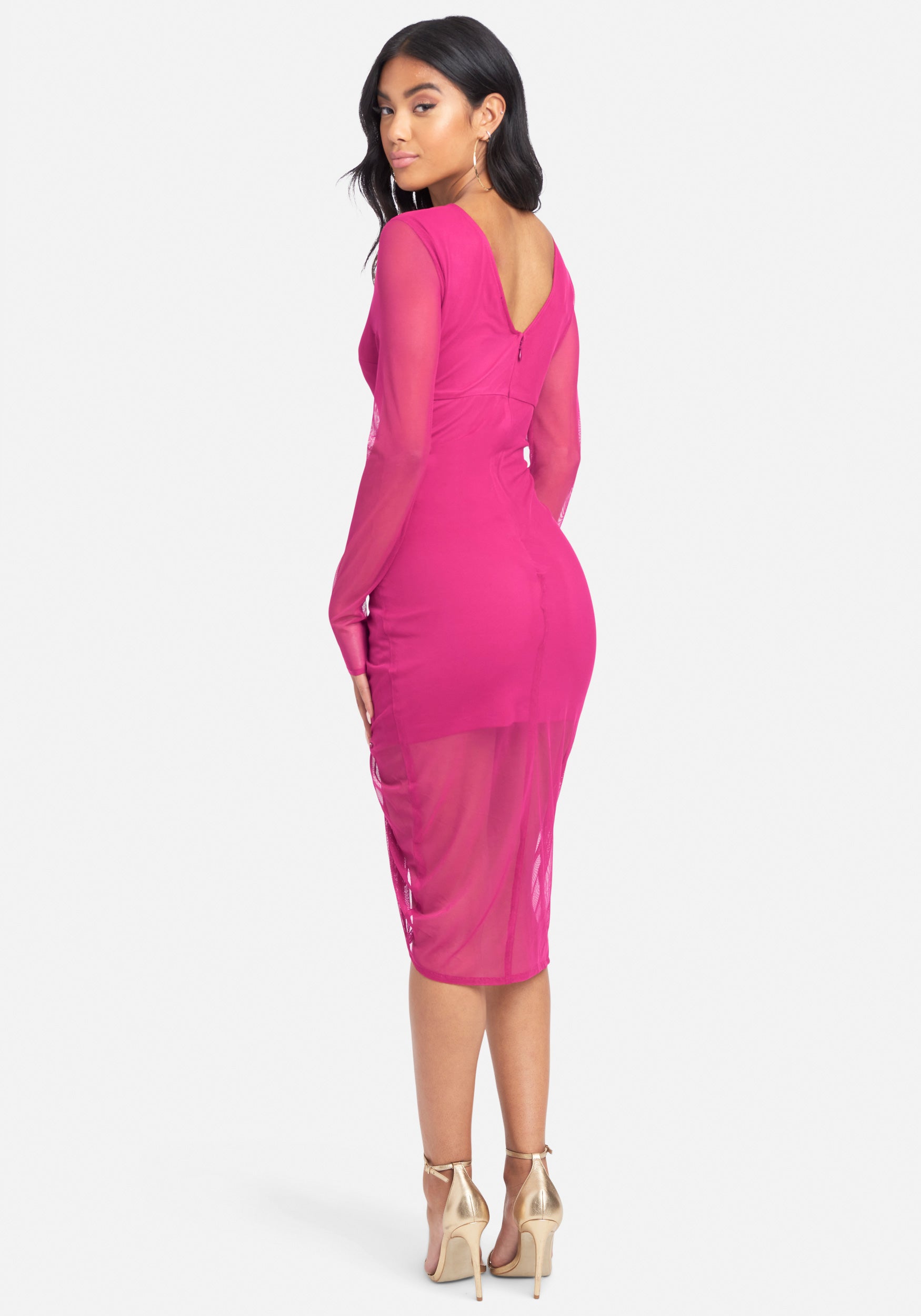Long Sleeve Mesh Ruched Dress