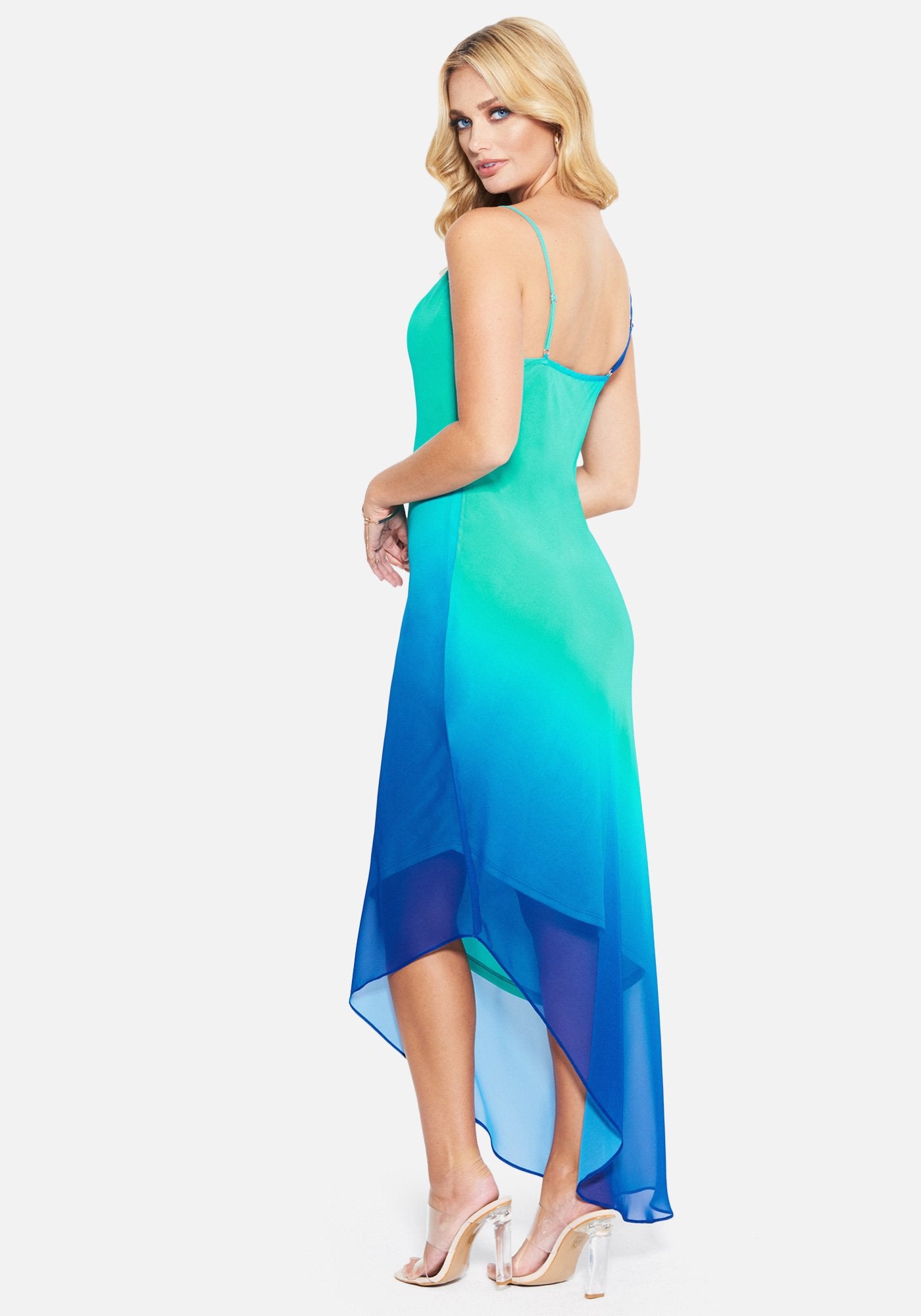Cowl Neck Ombre Chiffon Asymmetrical Maxi