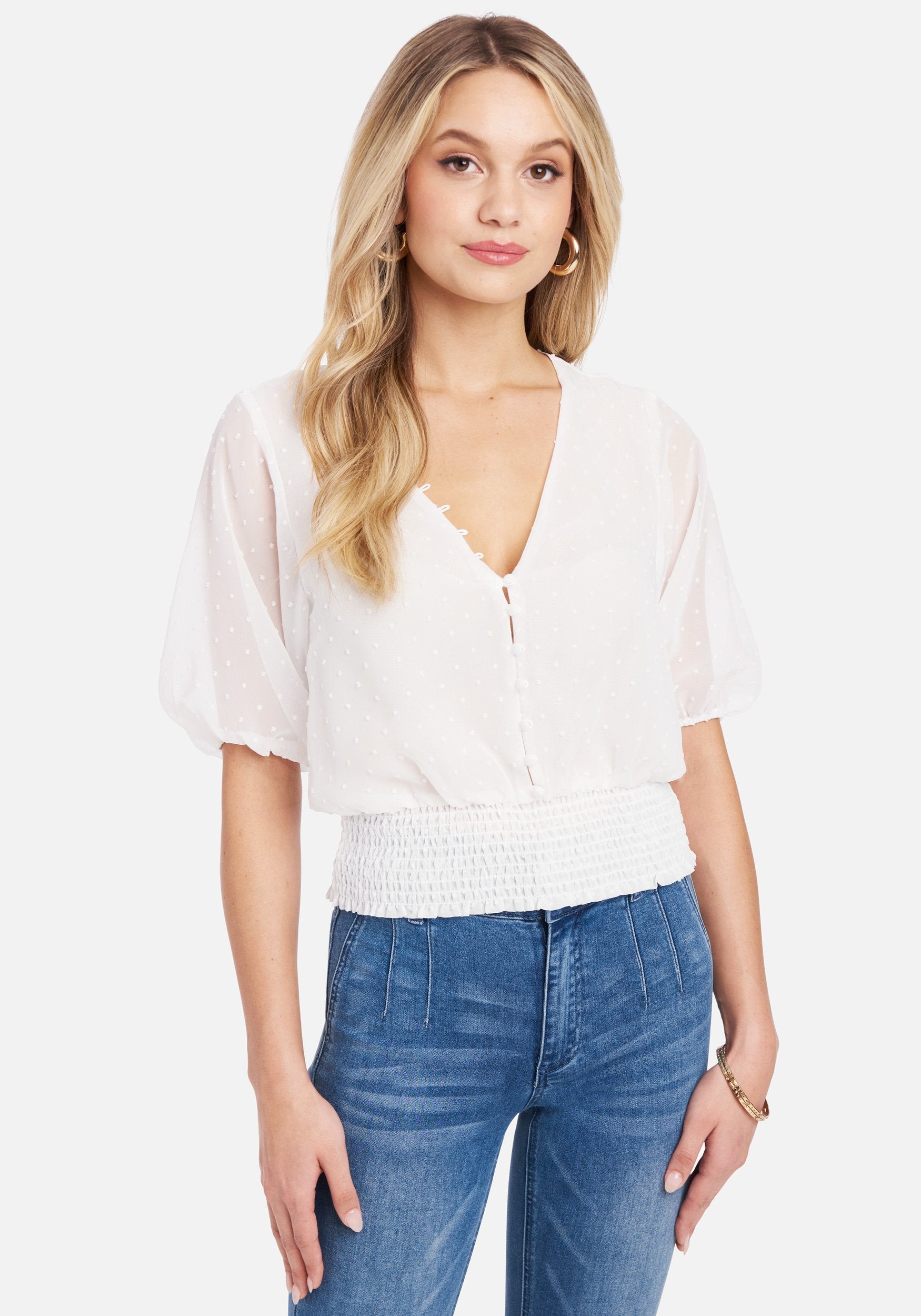 Swiss Dot Multi Button Smocked Hem Blouse