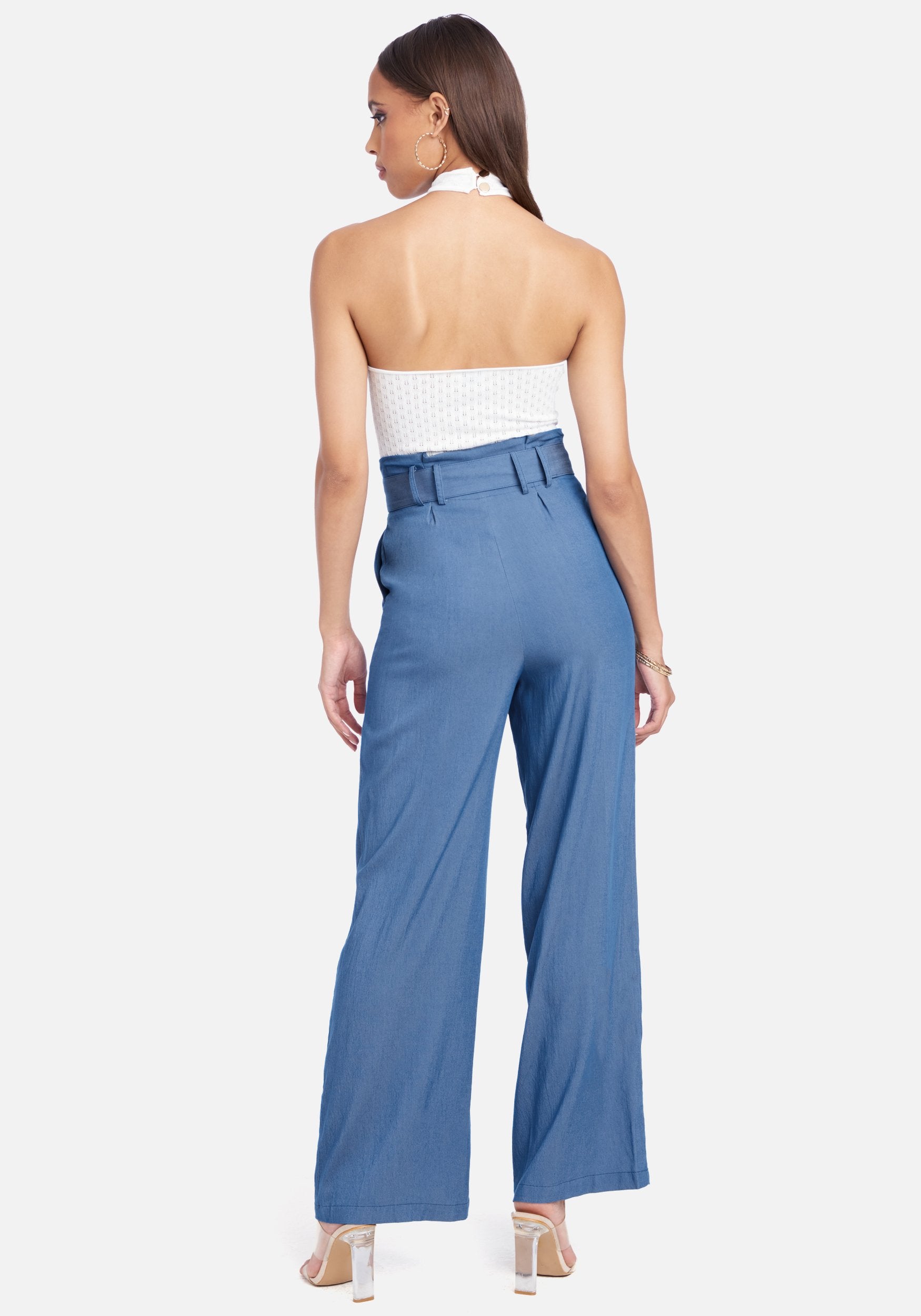High Waist Front Tie Wide Leg Chambray Pants