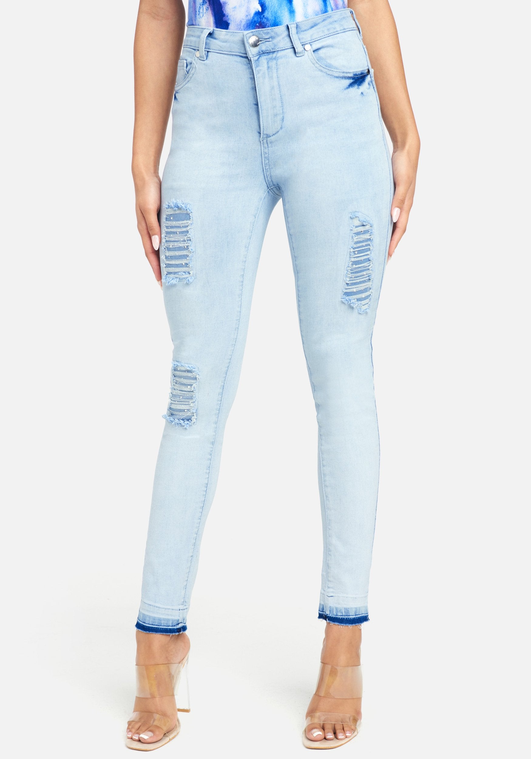 High Waisted Distressed Rhinestone Skinny Jeans