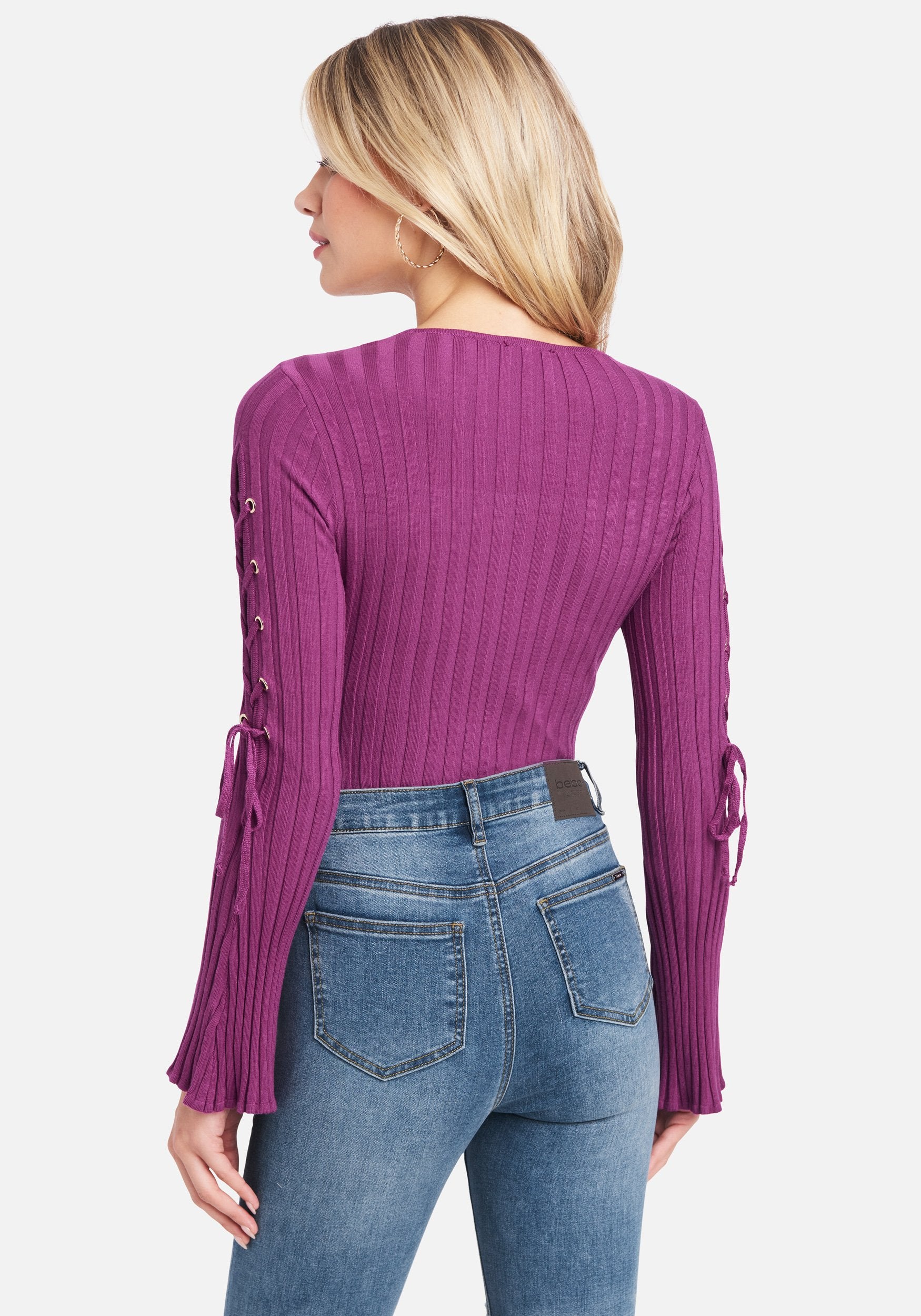 Scoop Neck Lace Up Bell Sleeve Sweater