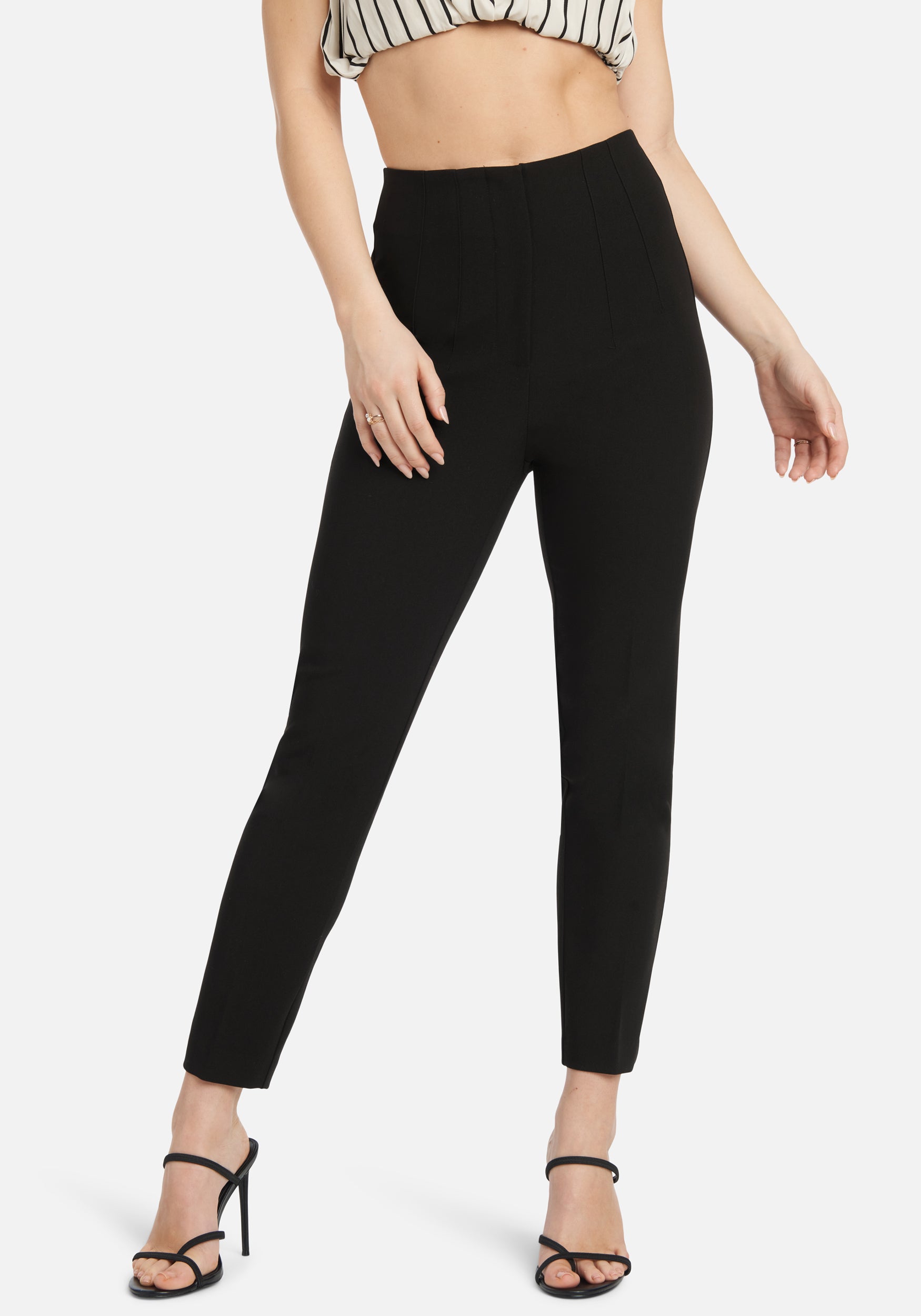 High Waist Multi Dart Woven Twill Slim Leg Pant