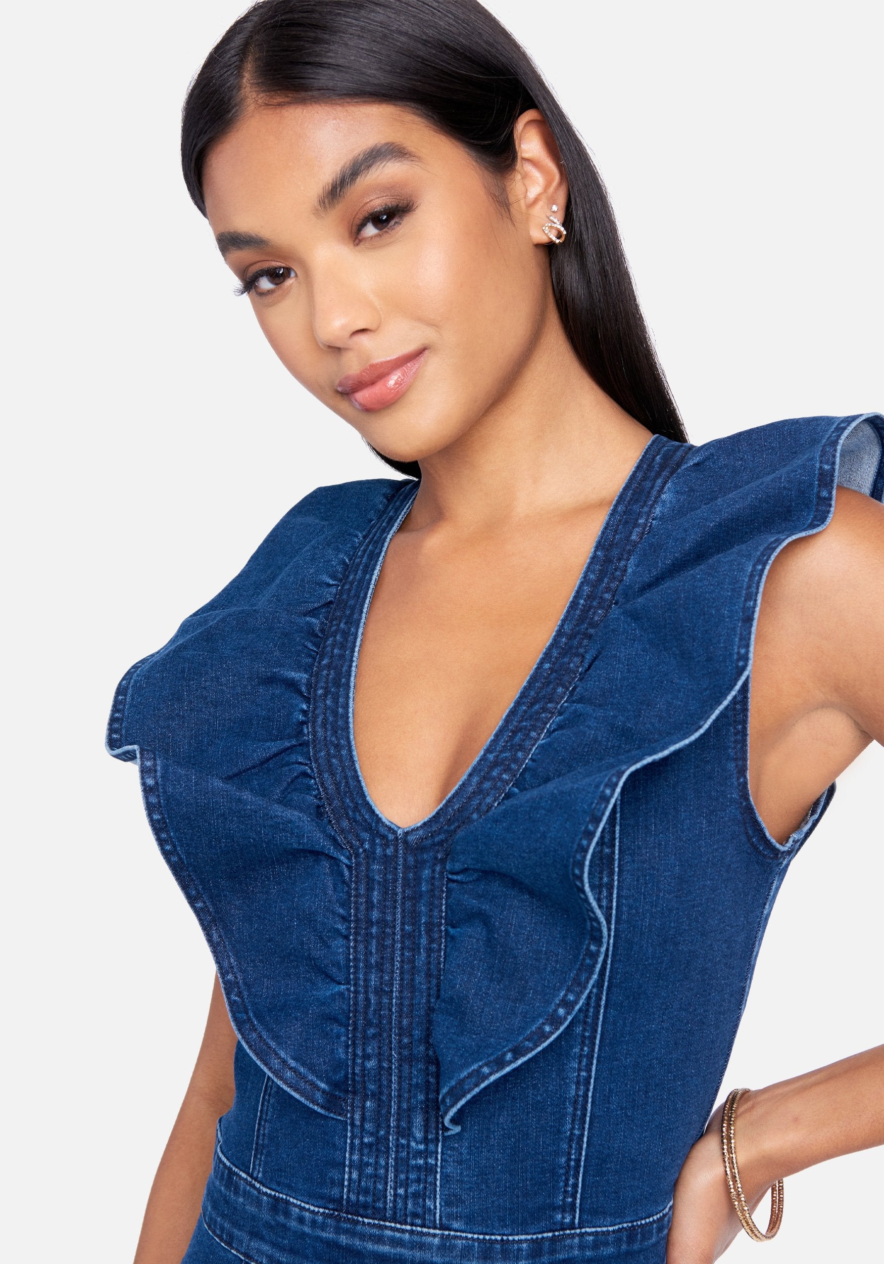 V Neck Cascade Sleeve Denim Dress