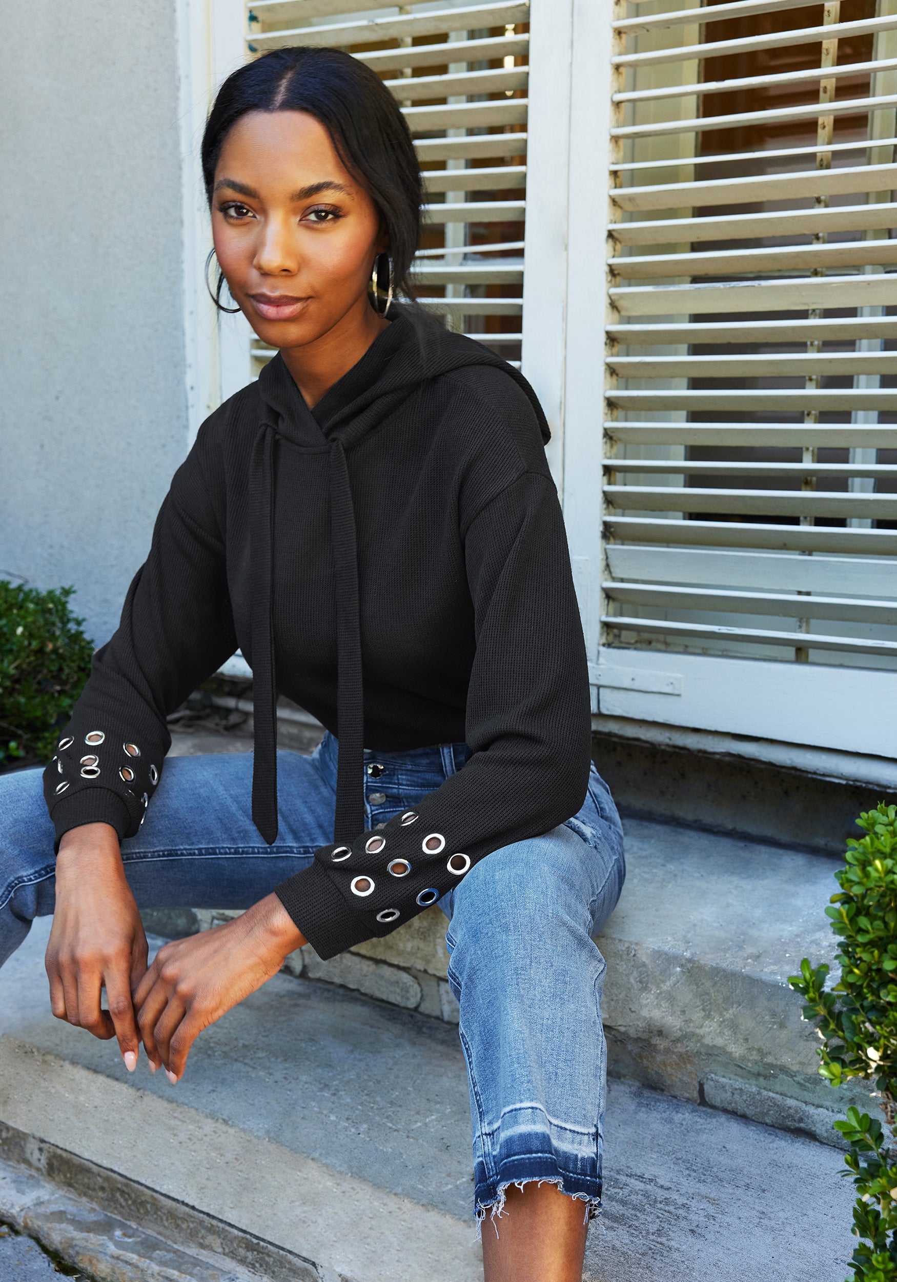 Grommet Detail Hooded Crop Sweater