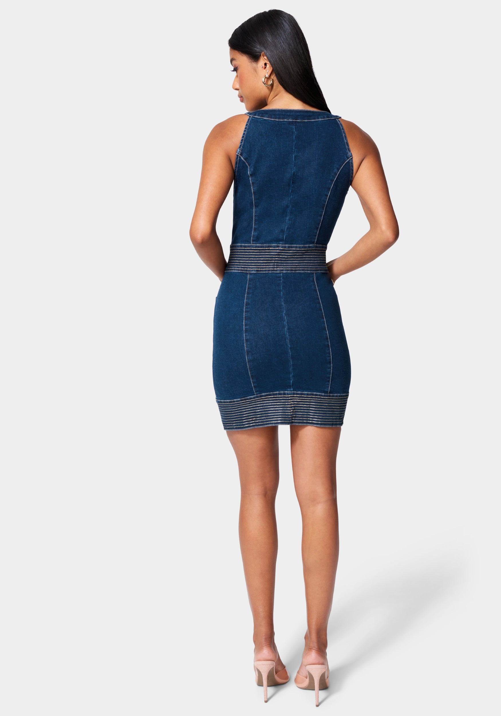 Button Front Jewel Neck Denim Dress