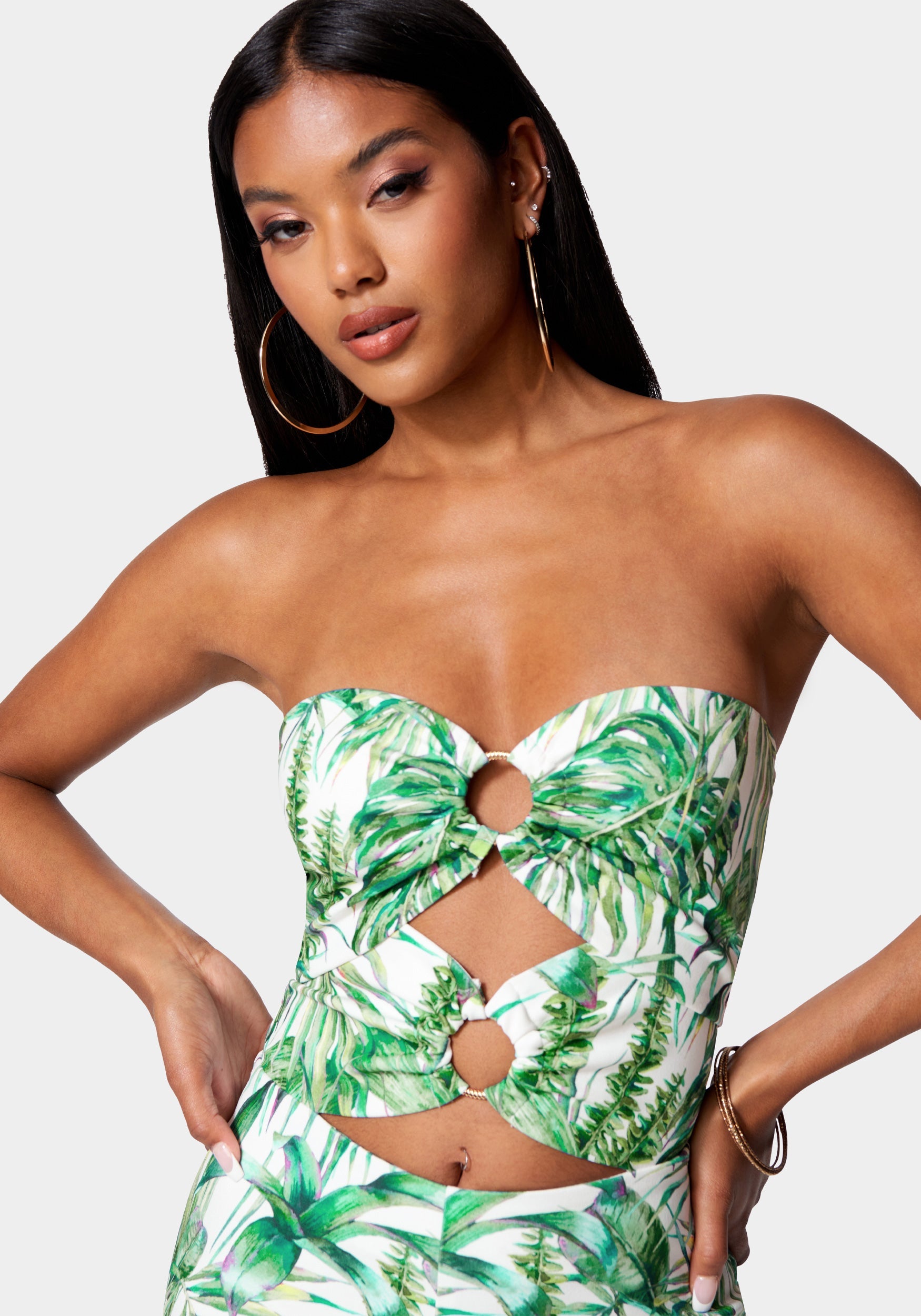 Ring Detail Wide Leg Printed Knit Crepe Jumpsuit