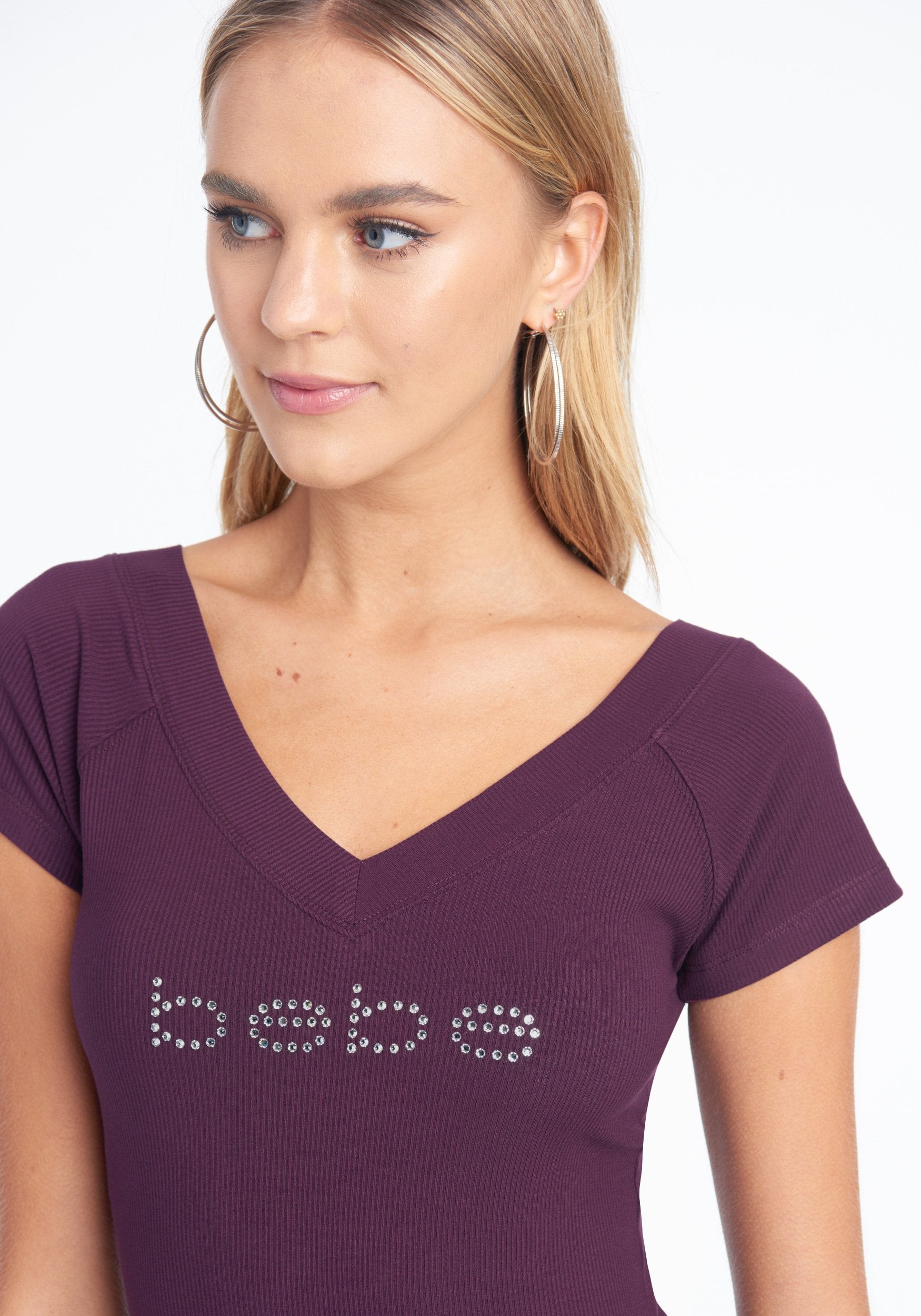 Crystal Logo Short Sleeve Double V-Neck Dress