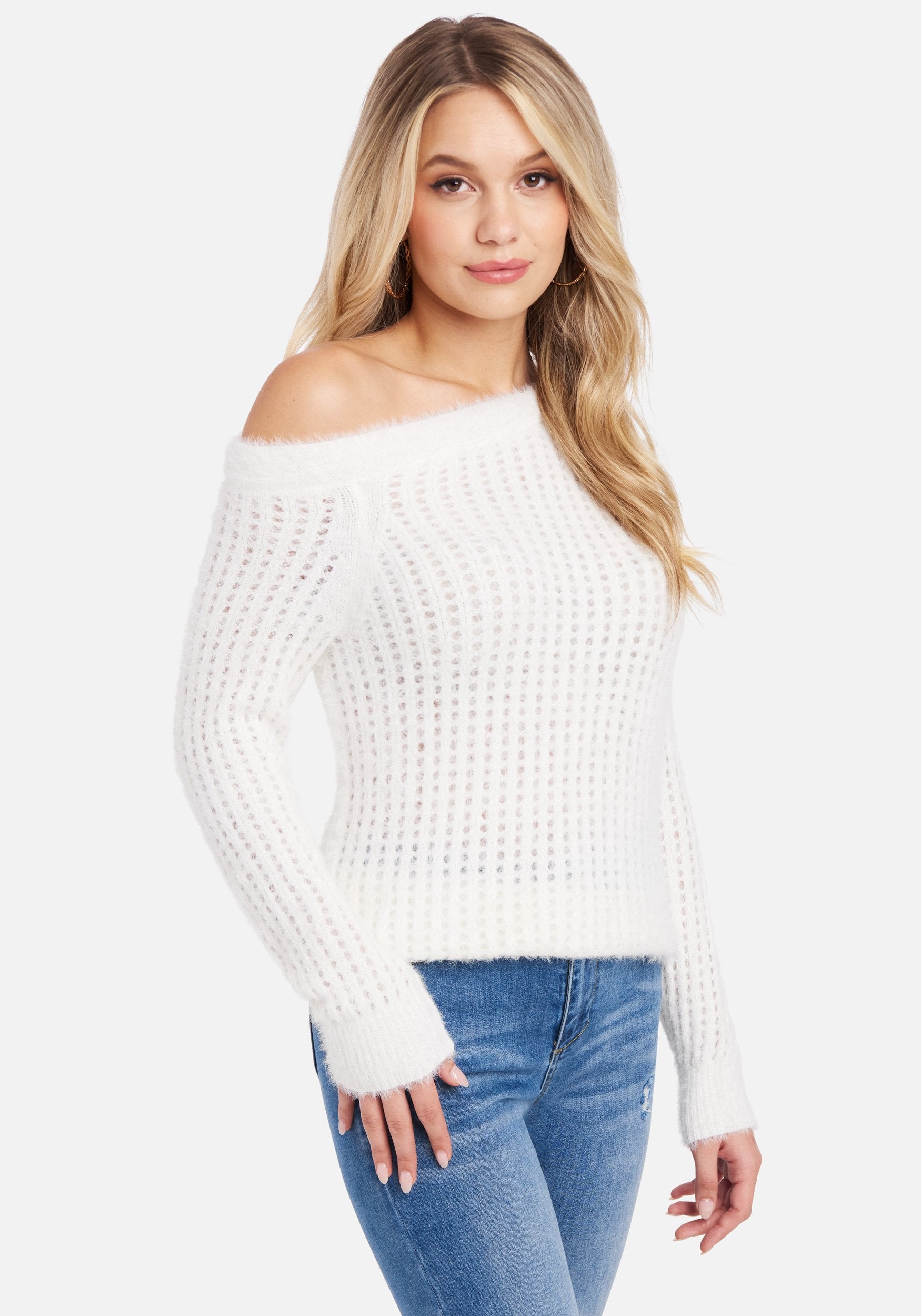 Off Shoulder Open Knit Sweater Top