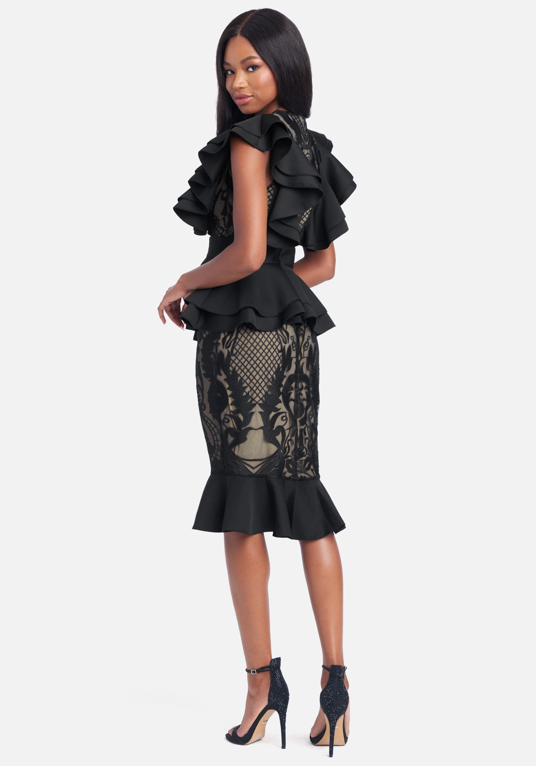 Ruffle Peplum Lace Pencil Dress