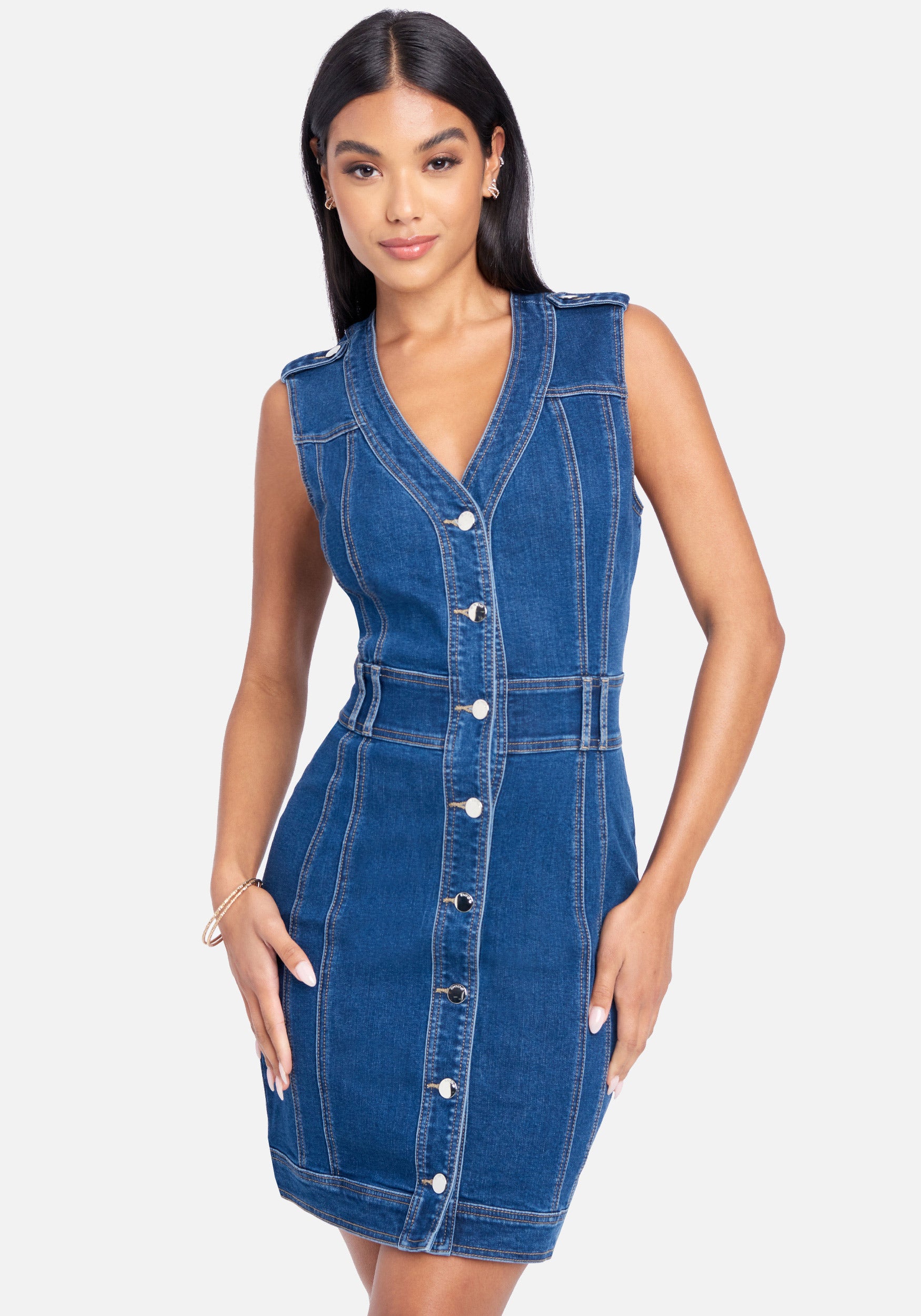 Button Down Multi Seam Denim Dress