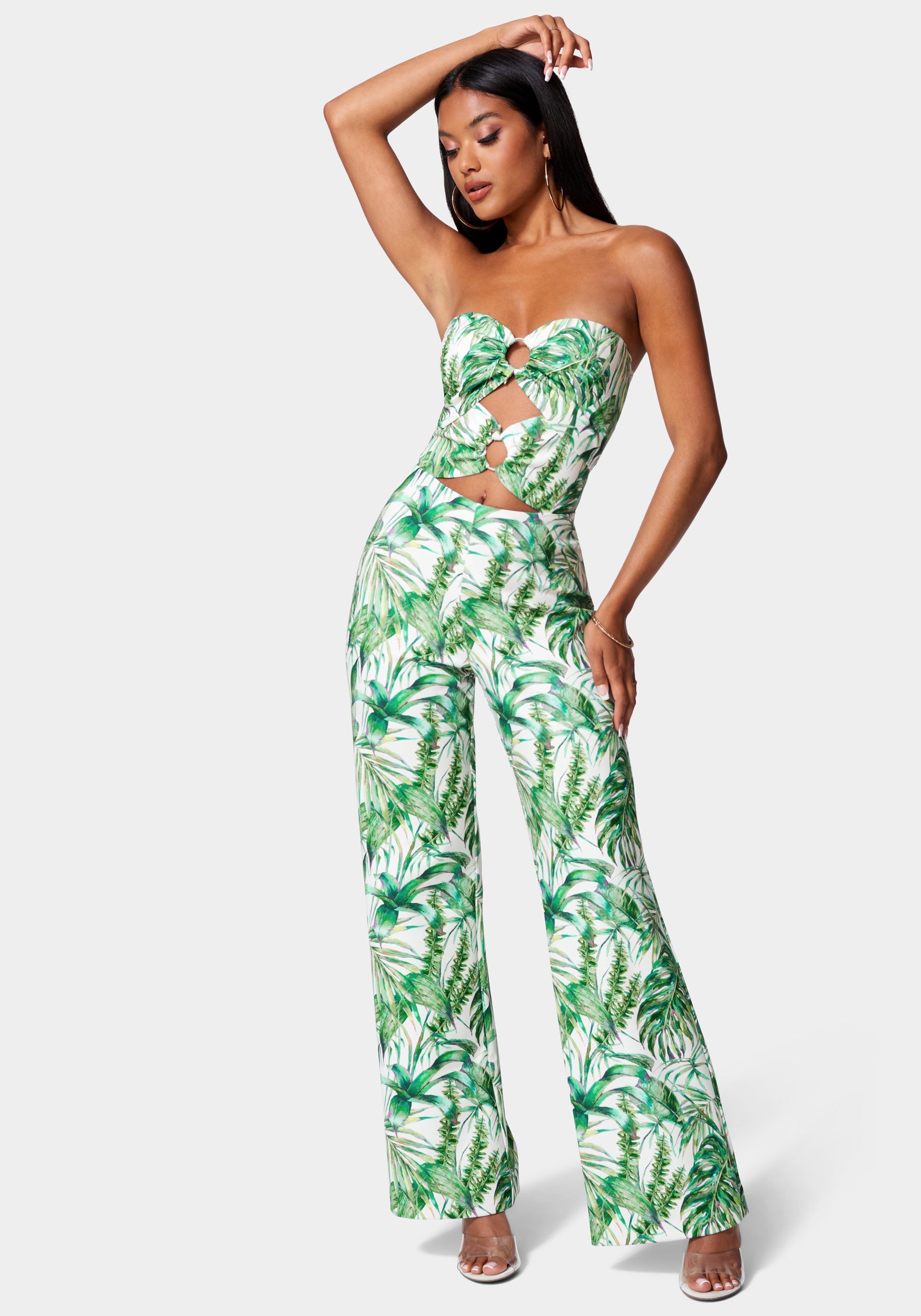 Ring Detail Wide Leg Printed Knit Crepe Jumpsuit