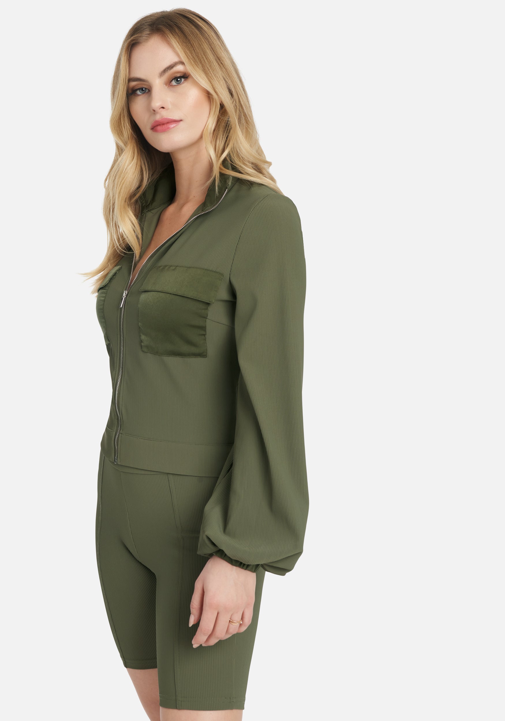 Ottoman Rib Contrast Pocket & Collar Zip Front Jacket