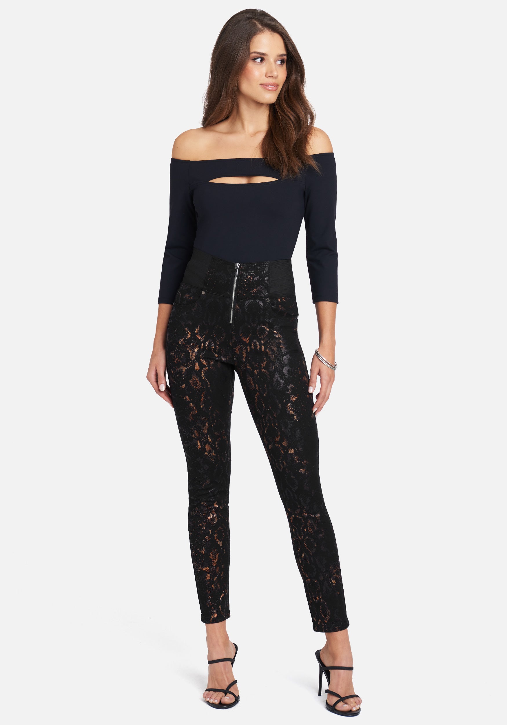 High Waist Elastic Zip Front Foil Skinny Jeans