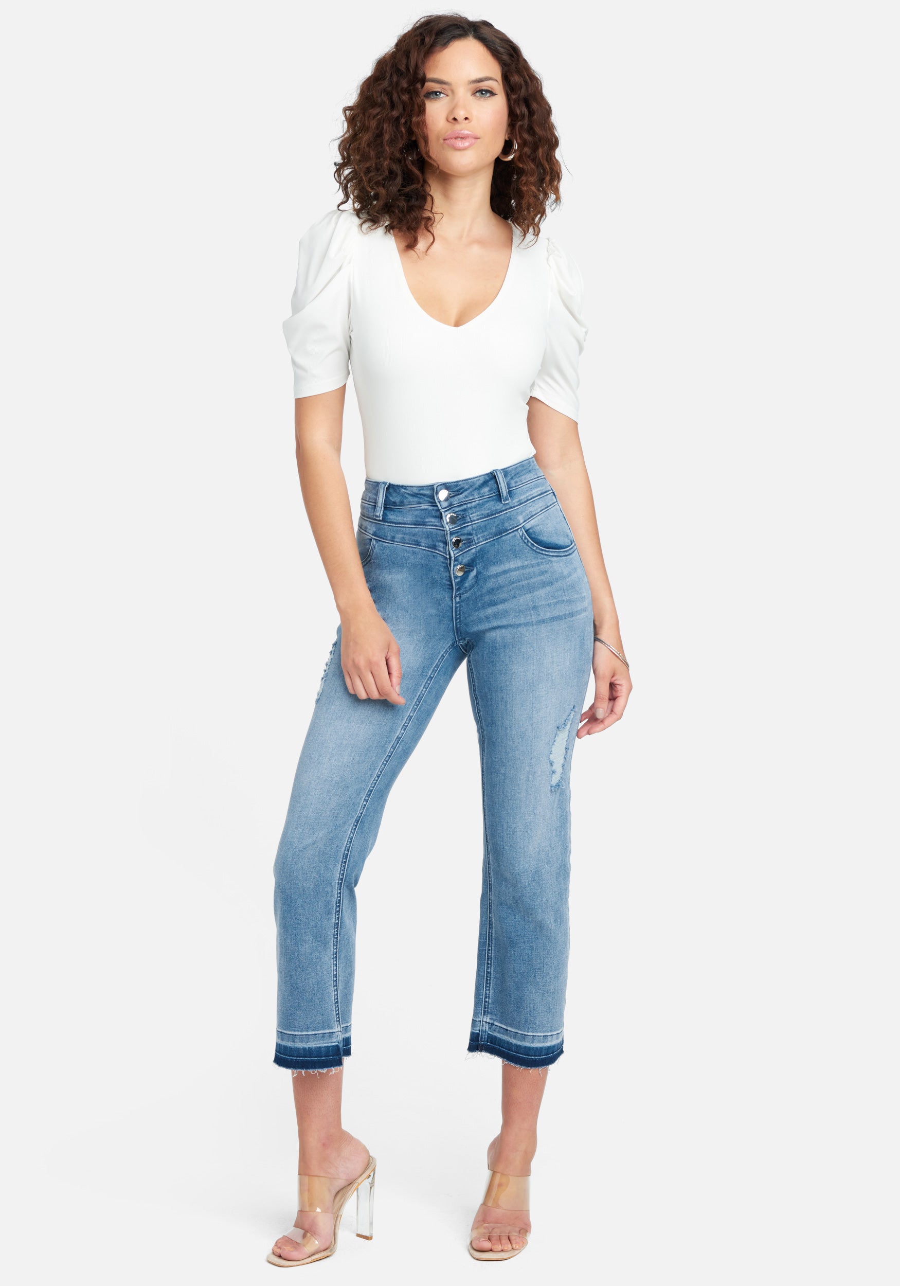 High Waist Distressed Straight Leg Jeans