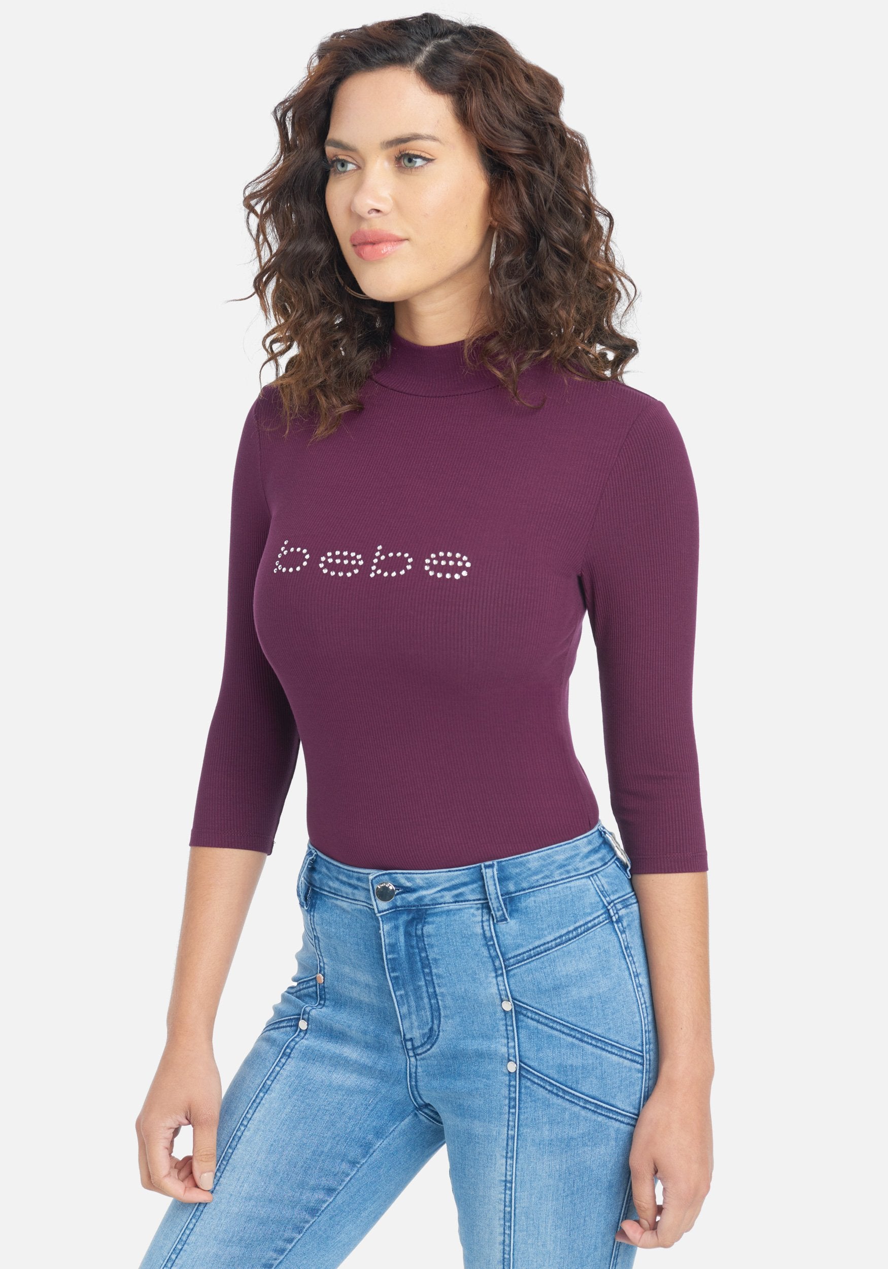 Crystal Logo Mock Neck 3/4 Sleeve Tee