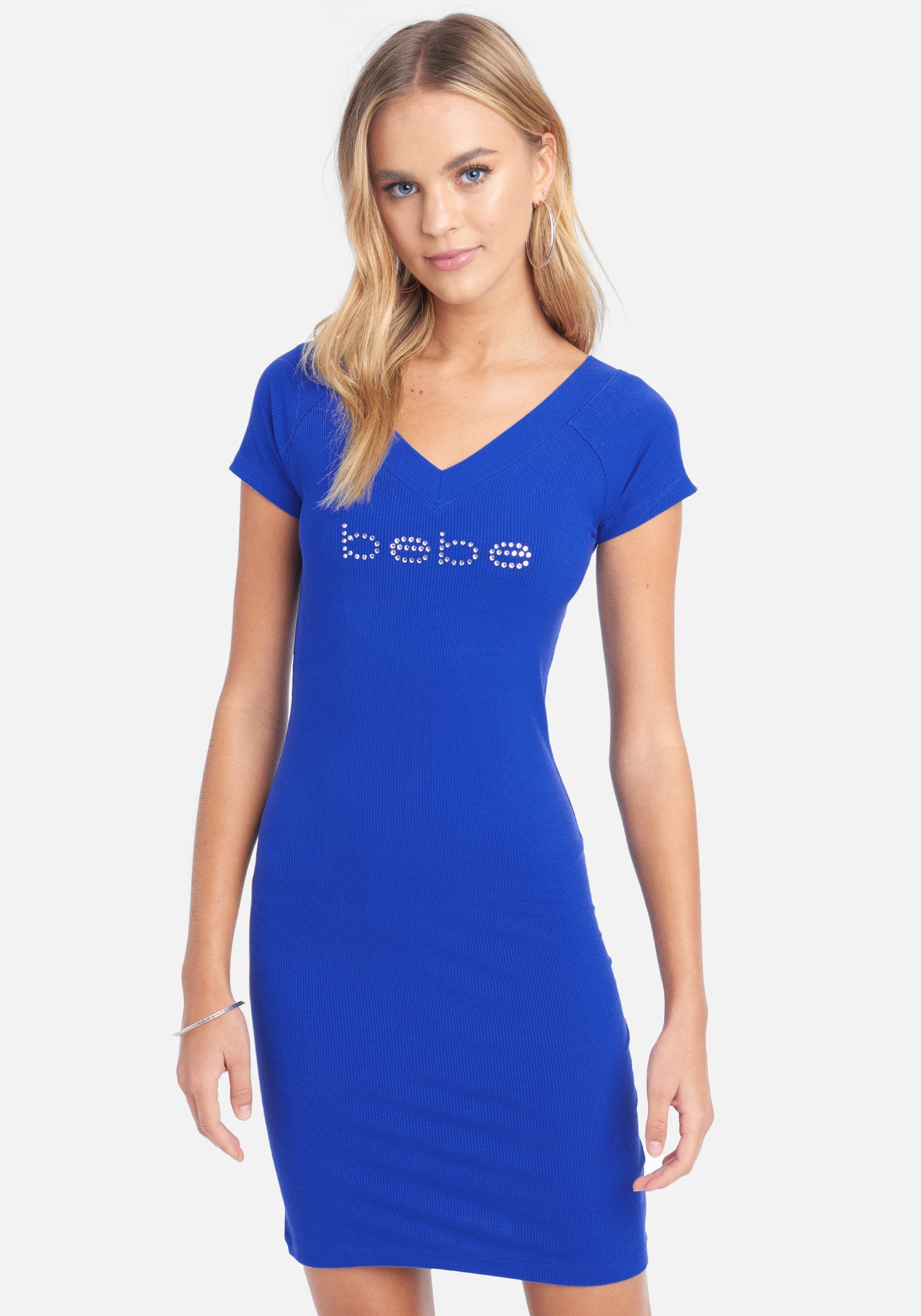 Crystal Logo Short Sleeve Double V-Neck Dress