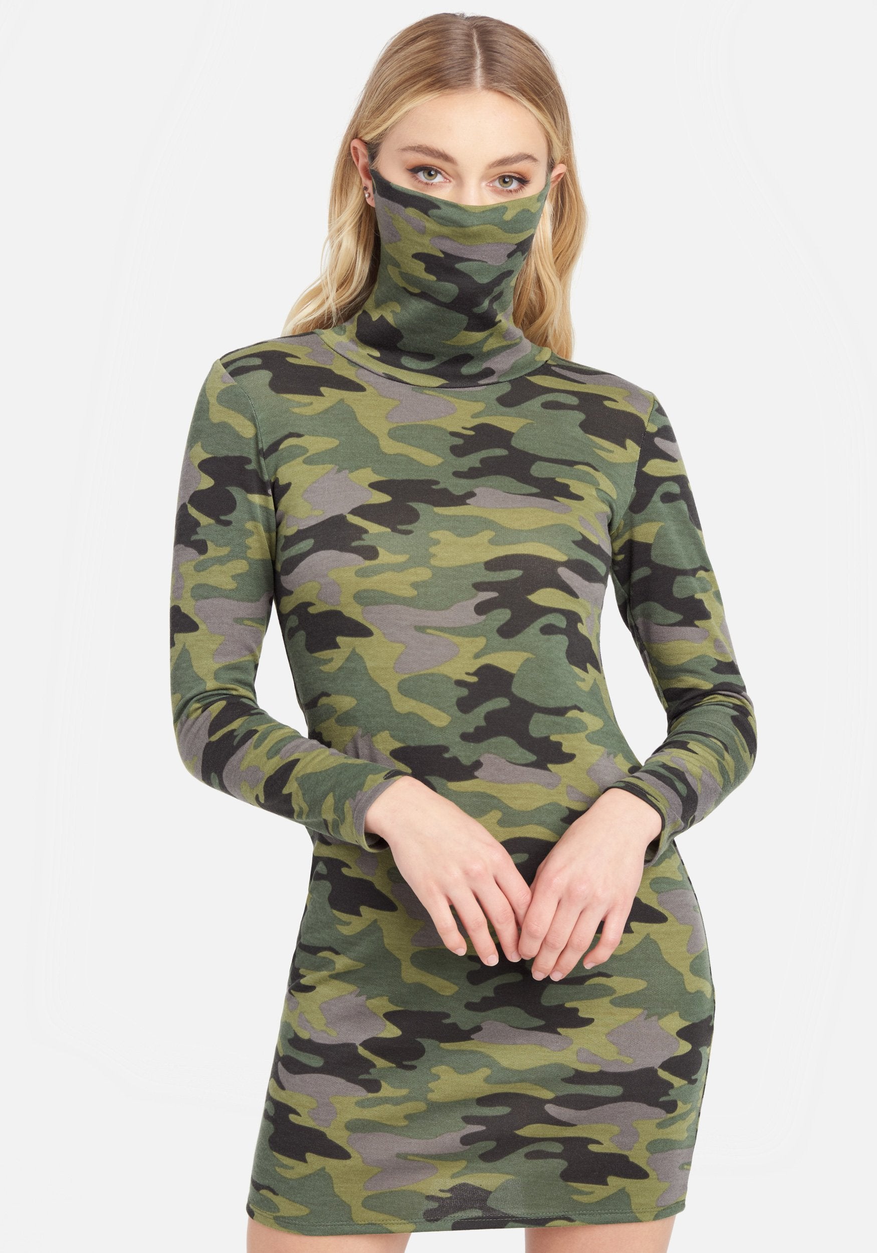 Camo Long Sleeve Mock Neck Dress