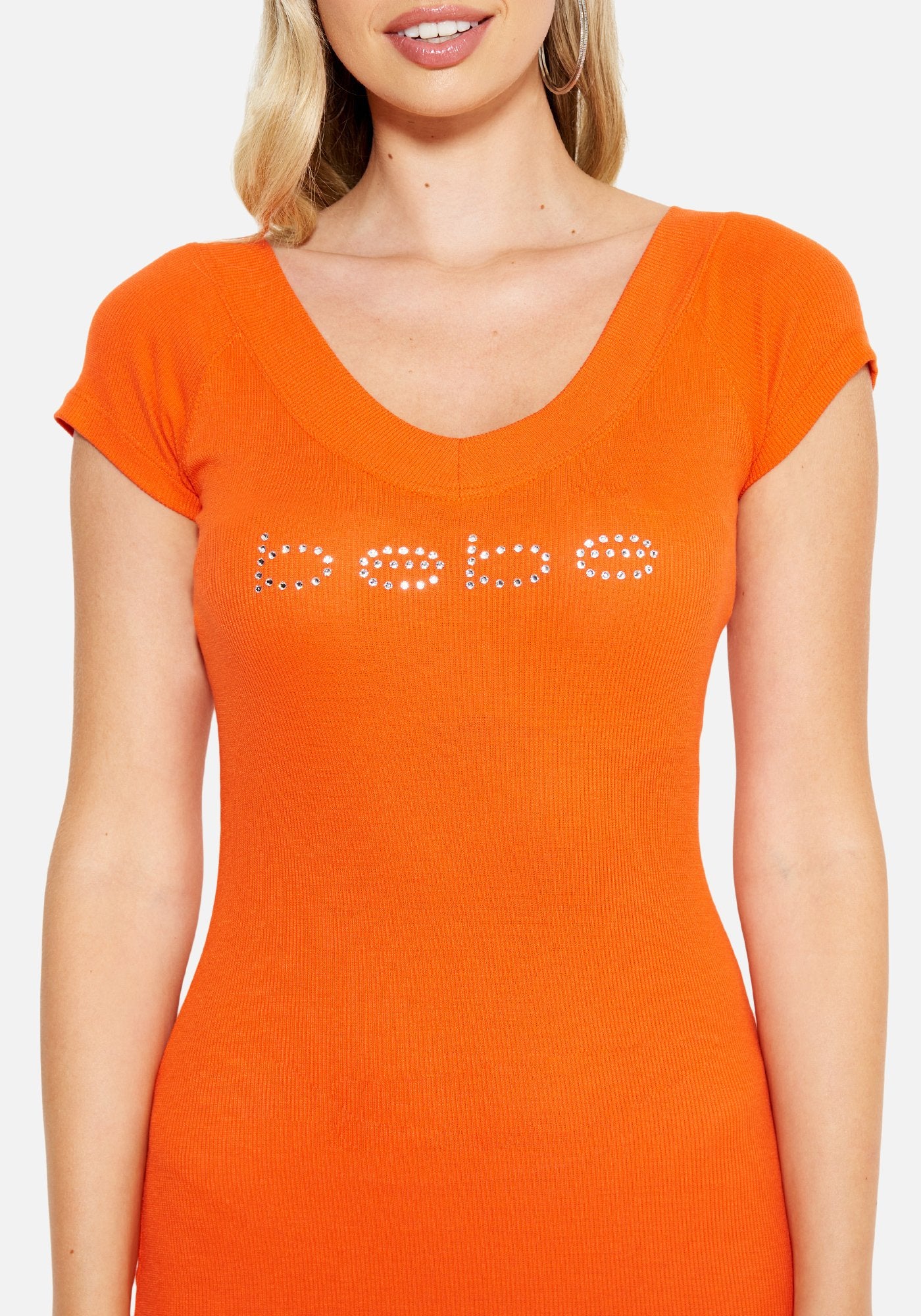 Crystal Logo Short Sleeve Double V-Neck Dress