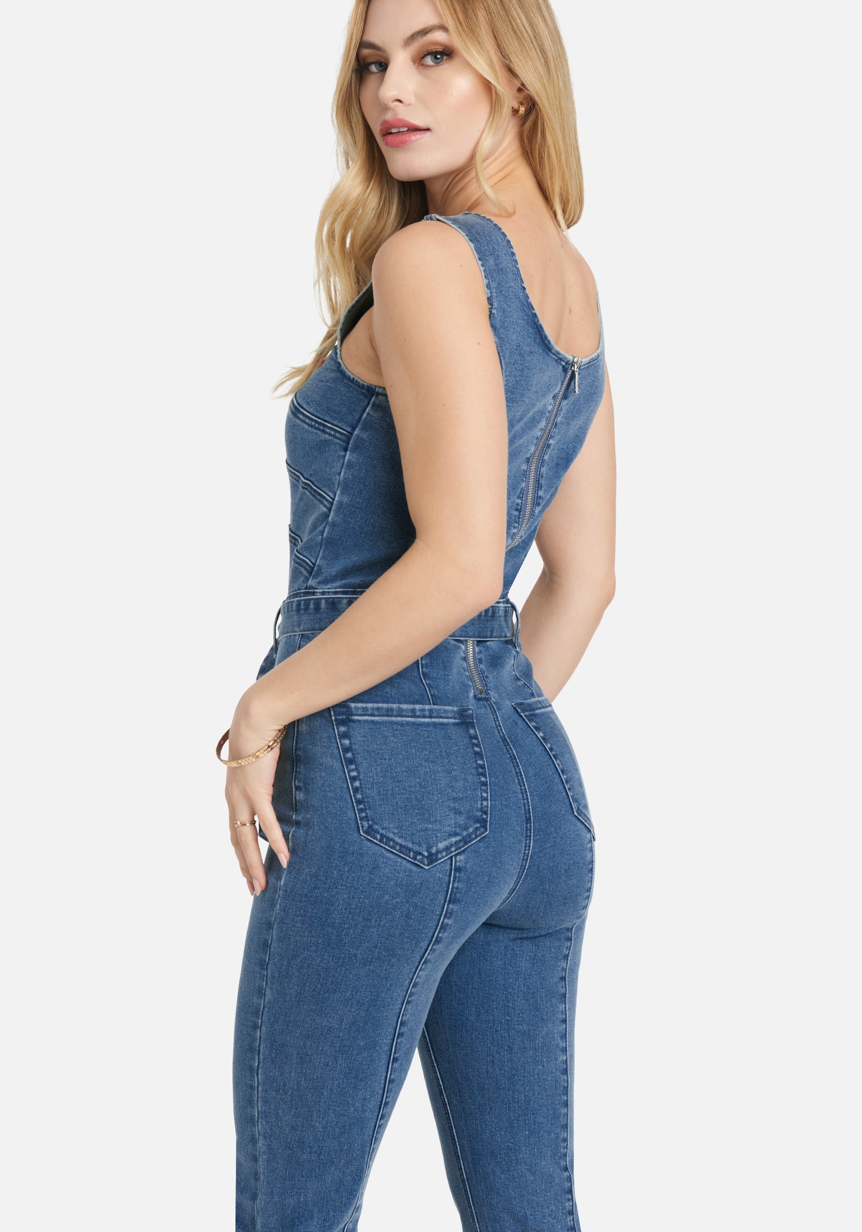 Multi Seam Zip Front Self Tie Slim Leg Denim Jumpsuit