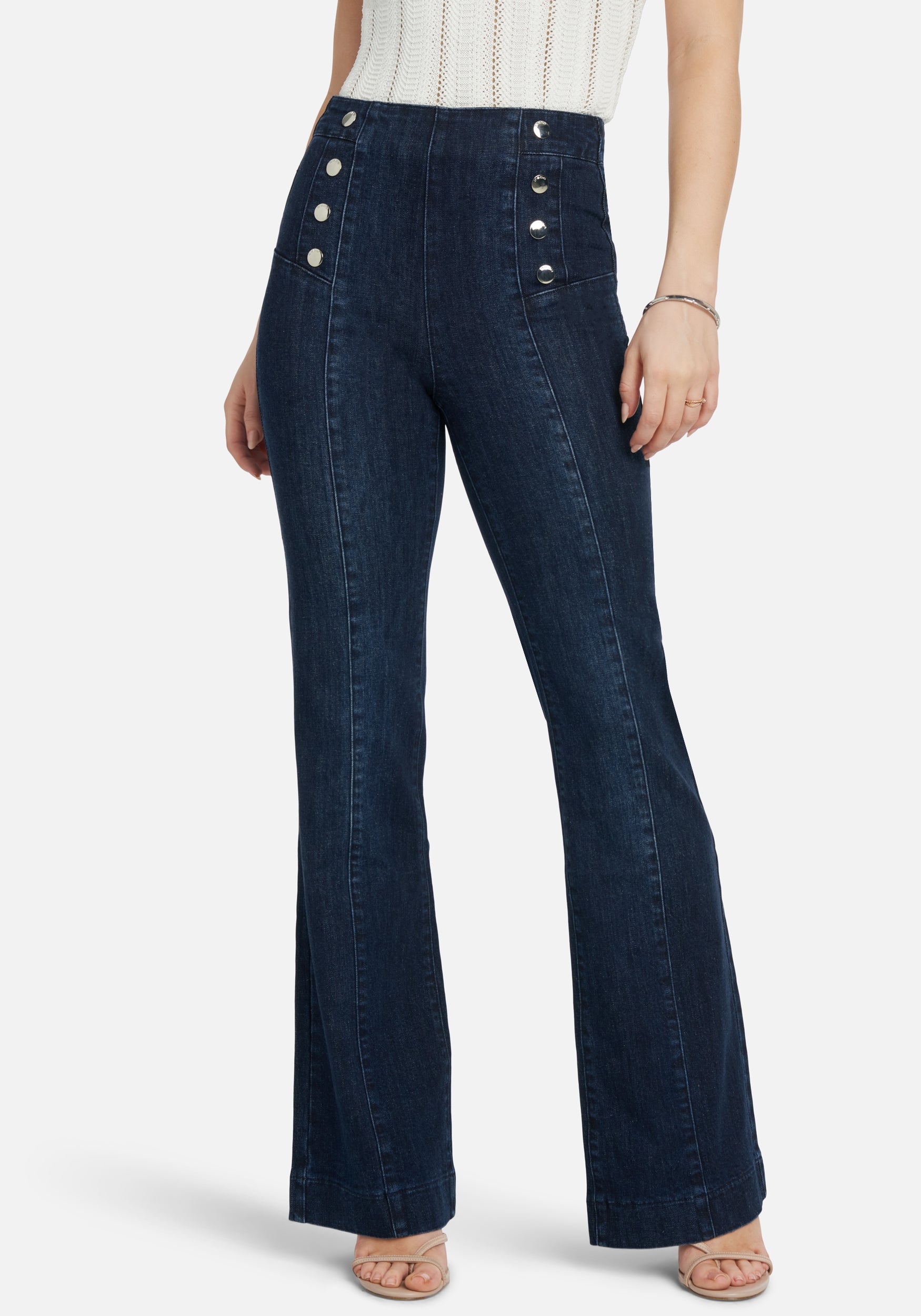 High Waist Button Detail Wide Leg Jeans