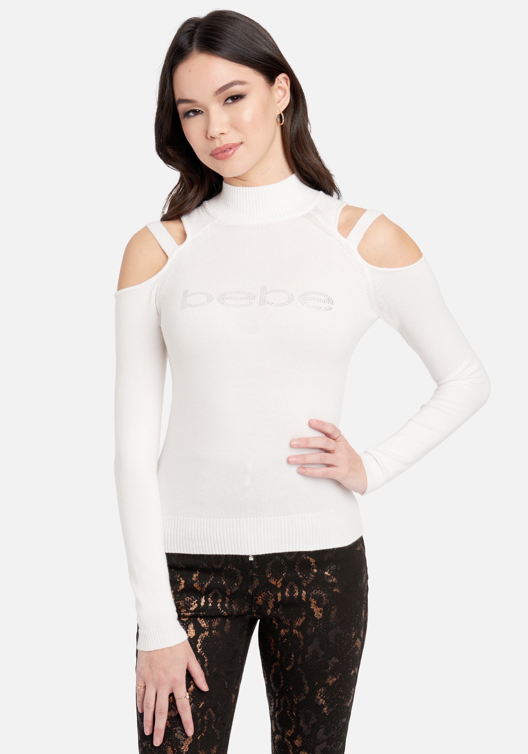 Bebe Logo Strappy Cold Shoulder Mock Neck Sweater