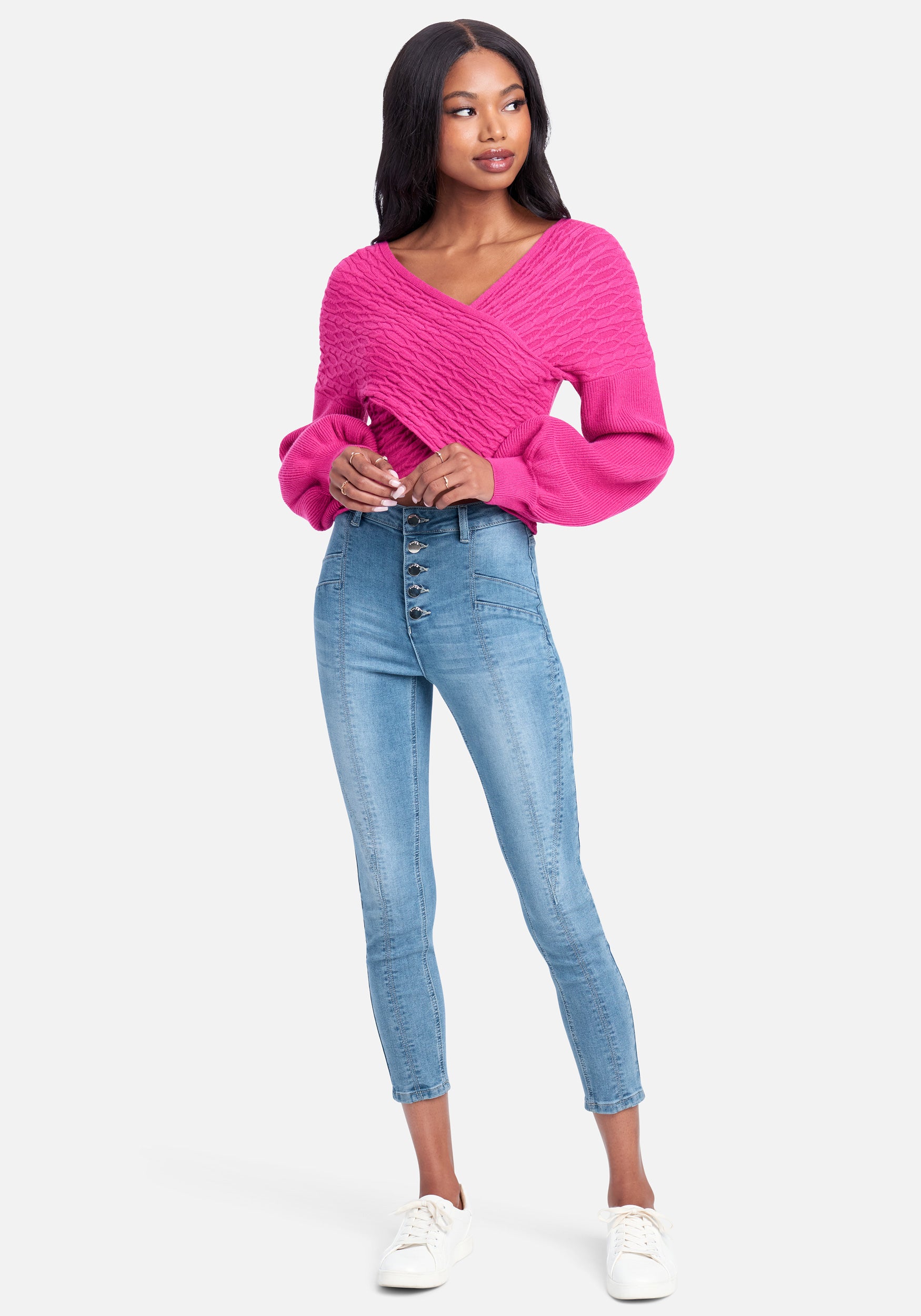 Stitch Detail Front Button Skinny Jeans