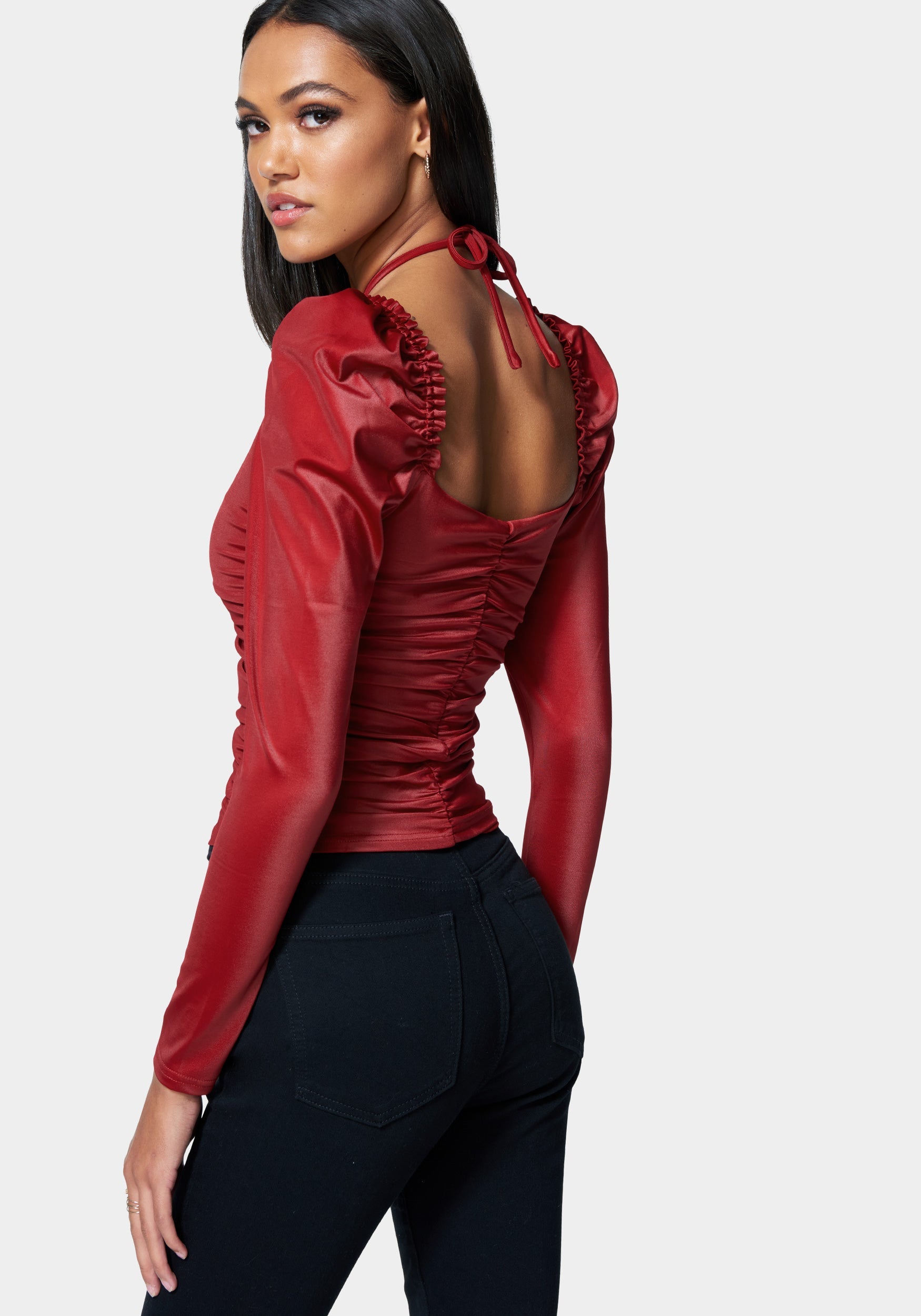 Puff Sleeve Coated Ruched Top