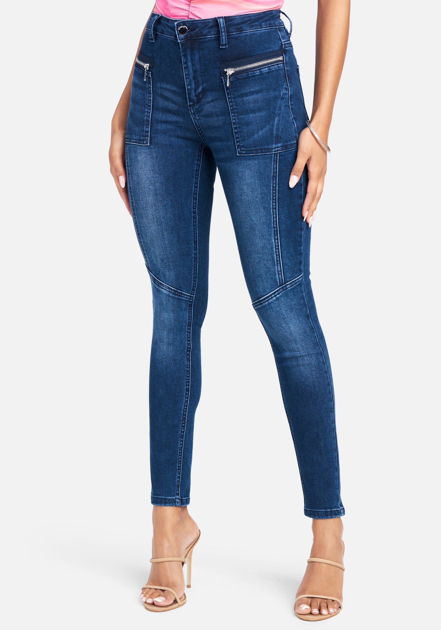 Zippered Pockets Stitch Detail Jeans